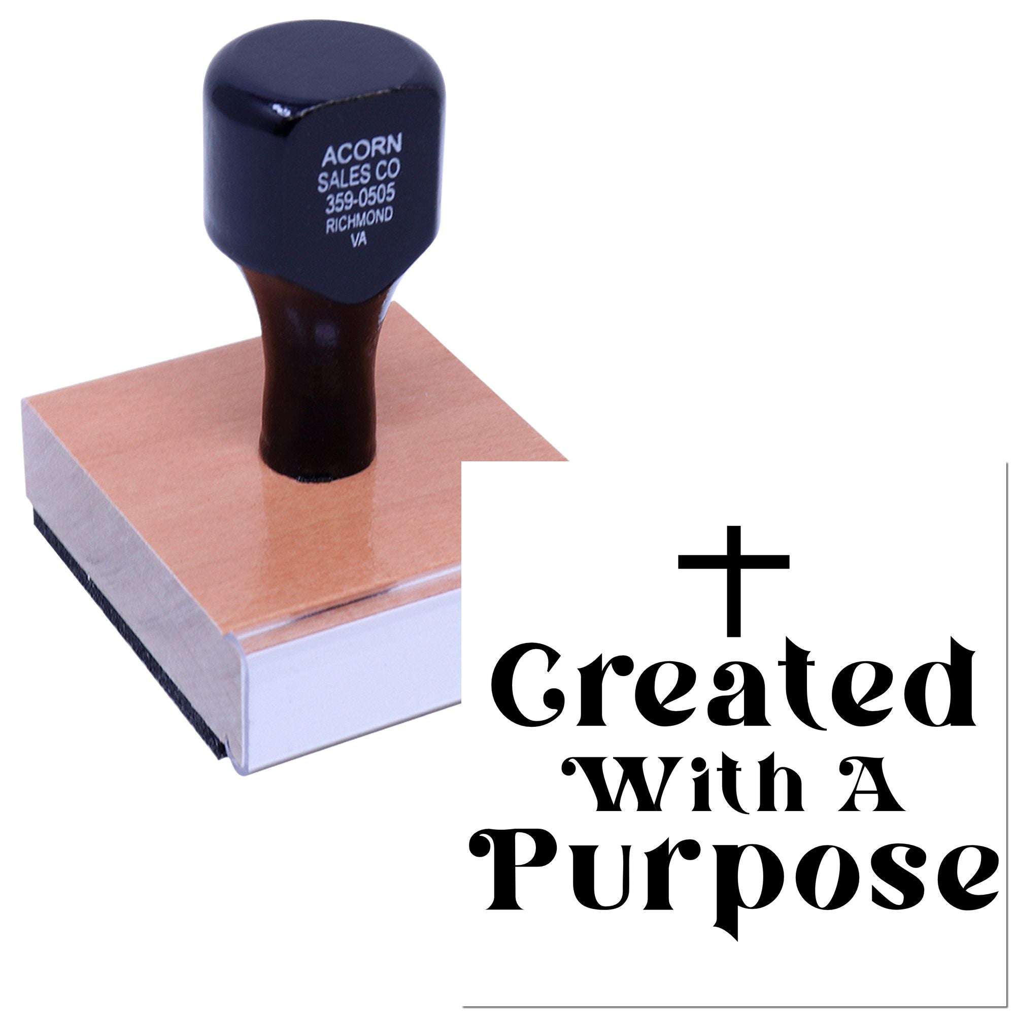 Custom rubber stamp with Created With A Purpose design for business branding, crafts, and packaging.