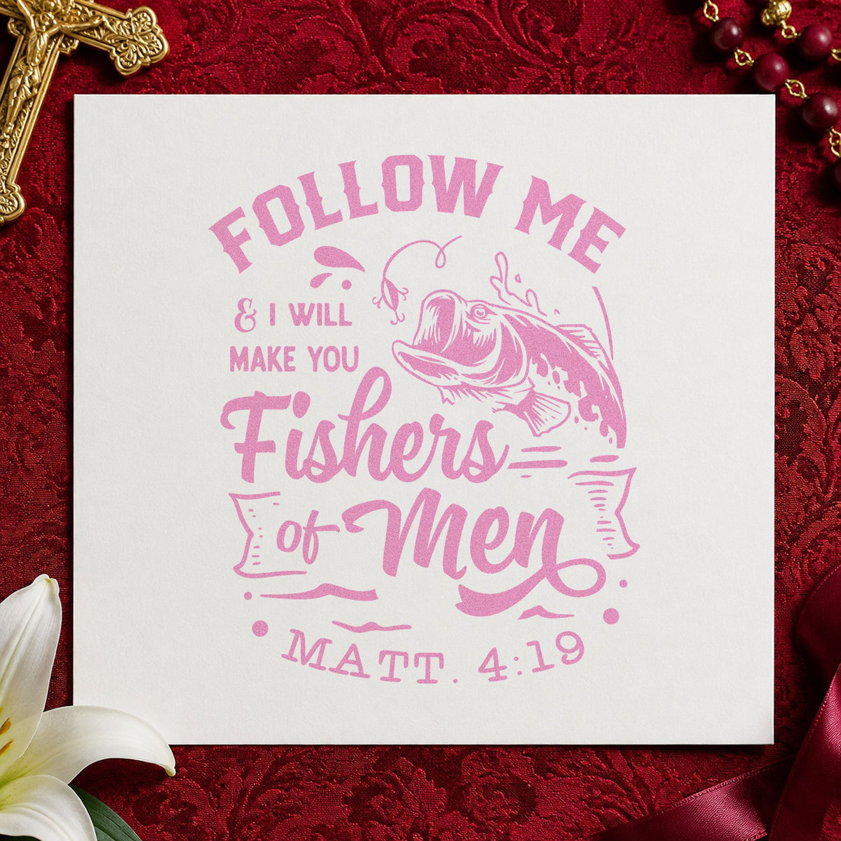 Fishers of Men craft stamp in purple ink on cardstock, an easy option for dad's day greetings.