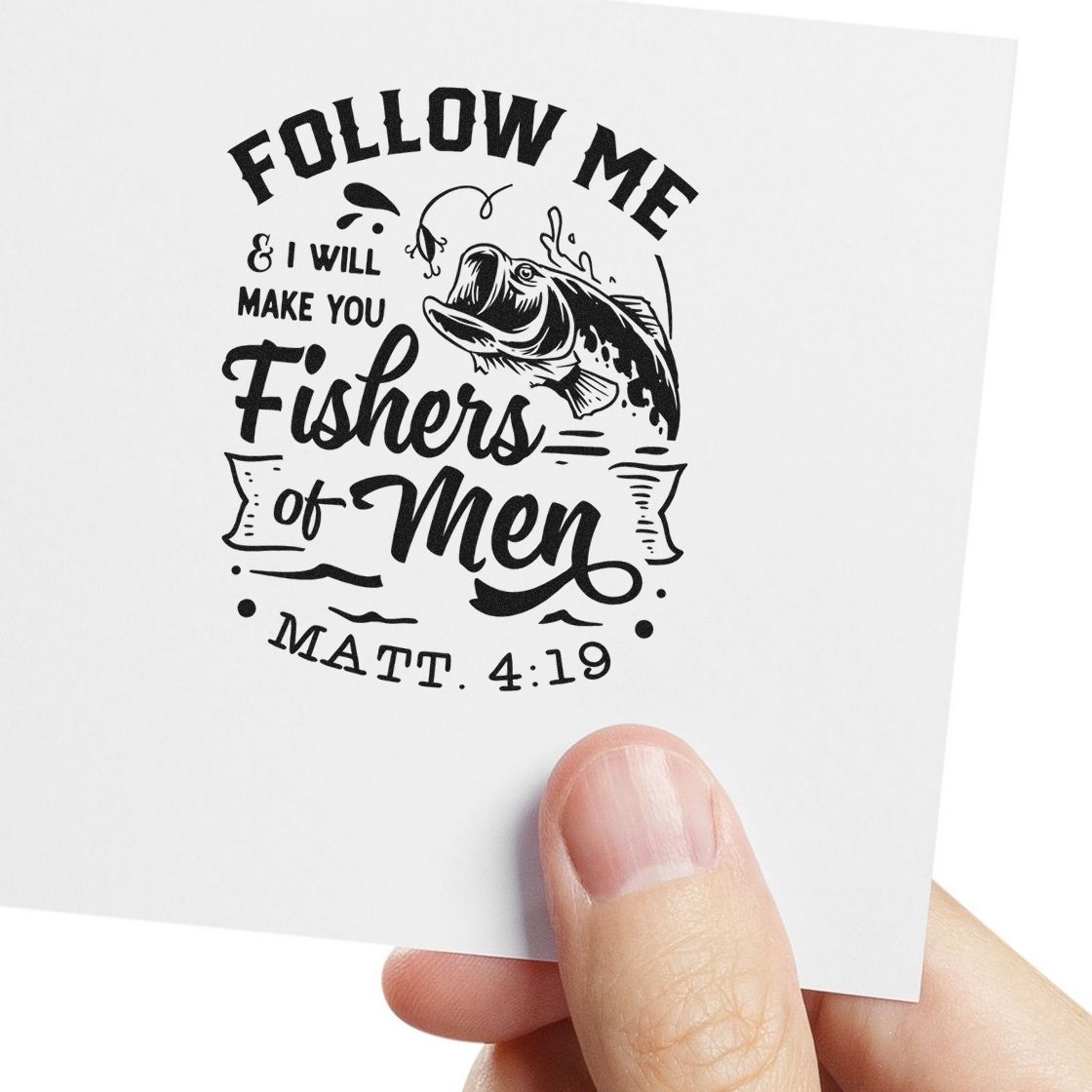 Christian fishing rubber stamp design with bass and Bible verse Matthew 4:19, Follow MeFishers of Men.