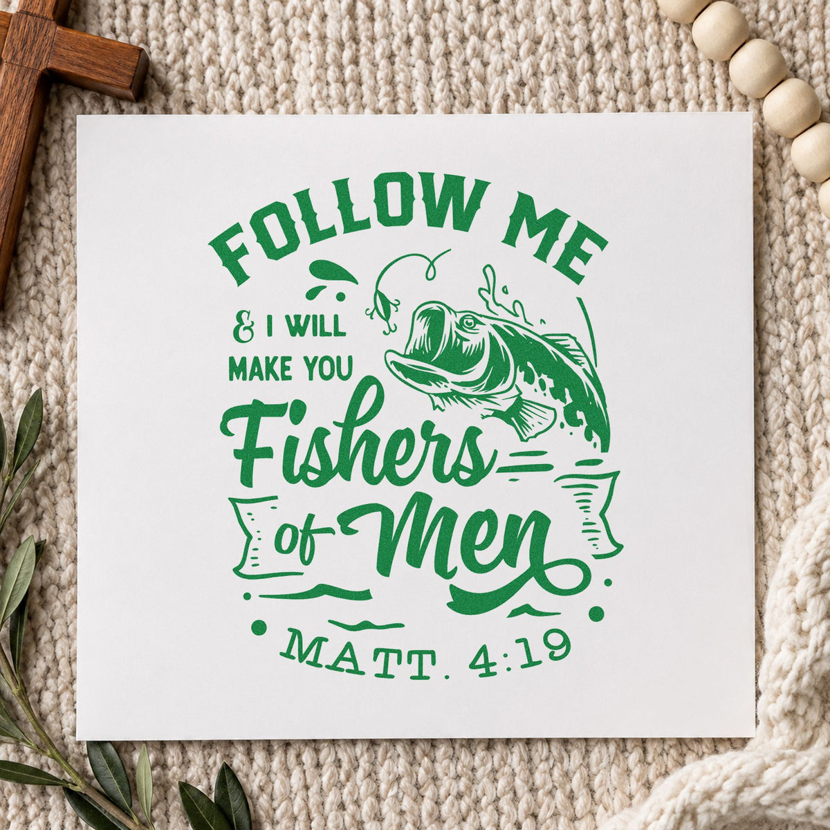 Fishers of Men craft stamp imprint in green ink on a handmade project, one idea being tackle box labels.
