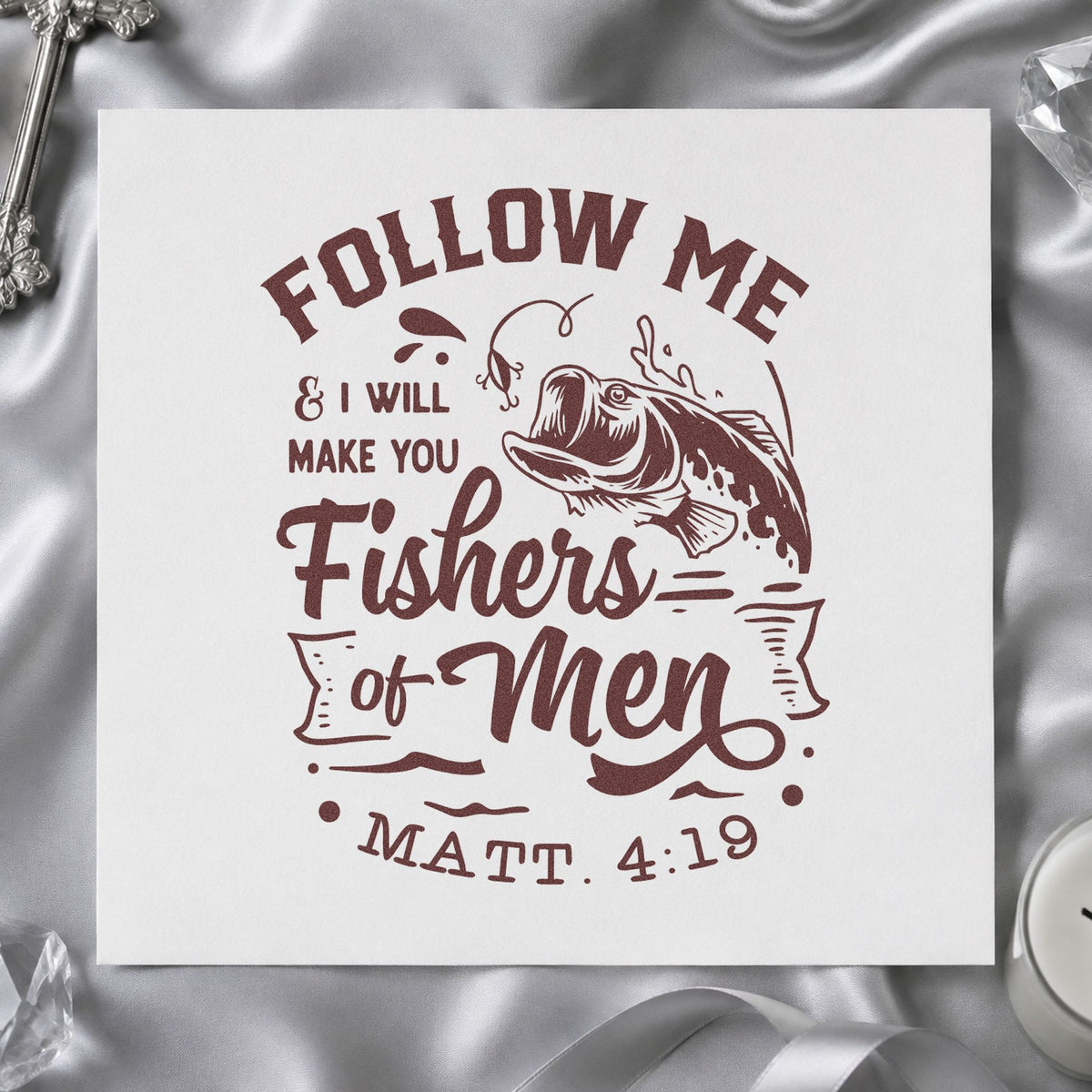 Fishers of Men rubber stamp printed in brown ink, ready for fishing trip pages and similar paper crafts.