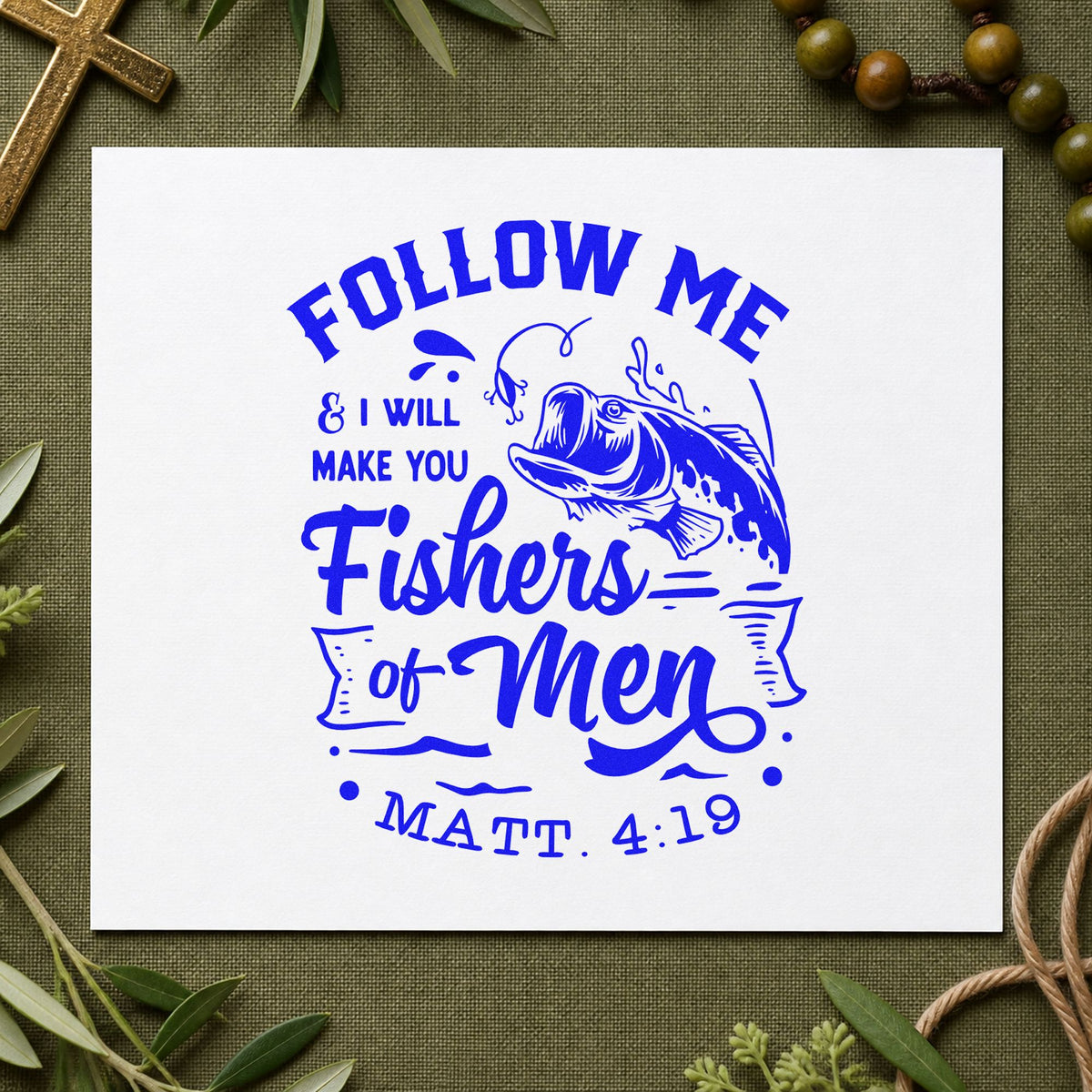 Fishers of Men craft stamp in blue ink on cardstock, an easy option for men's retreat tags.