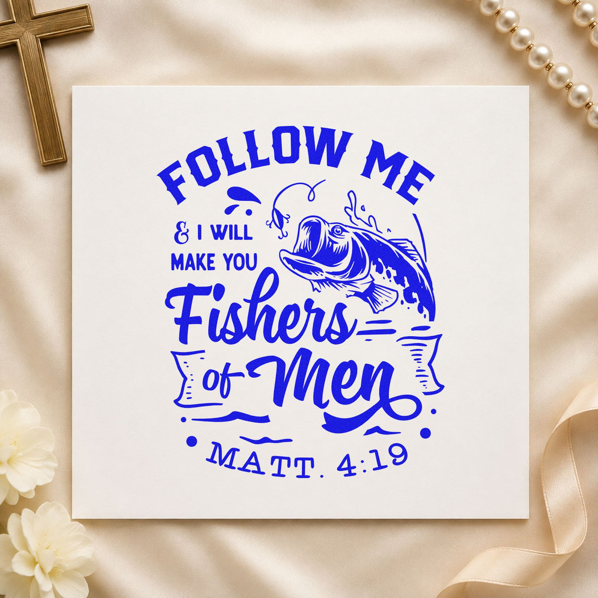 Fishers of Men craft stamp imprinted in blue ink on paper, a design suited to evangelism cards.