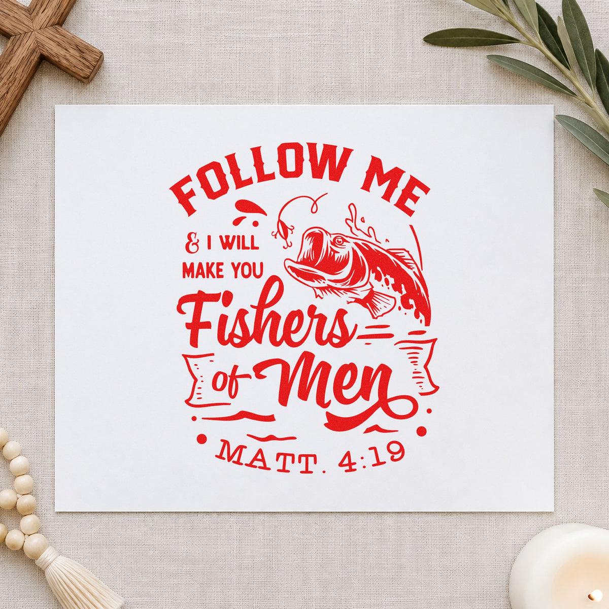 Fishers of Men rubber stamp shown in red ink, stamped for projects such as canvas cooler bags.