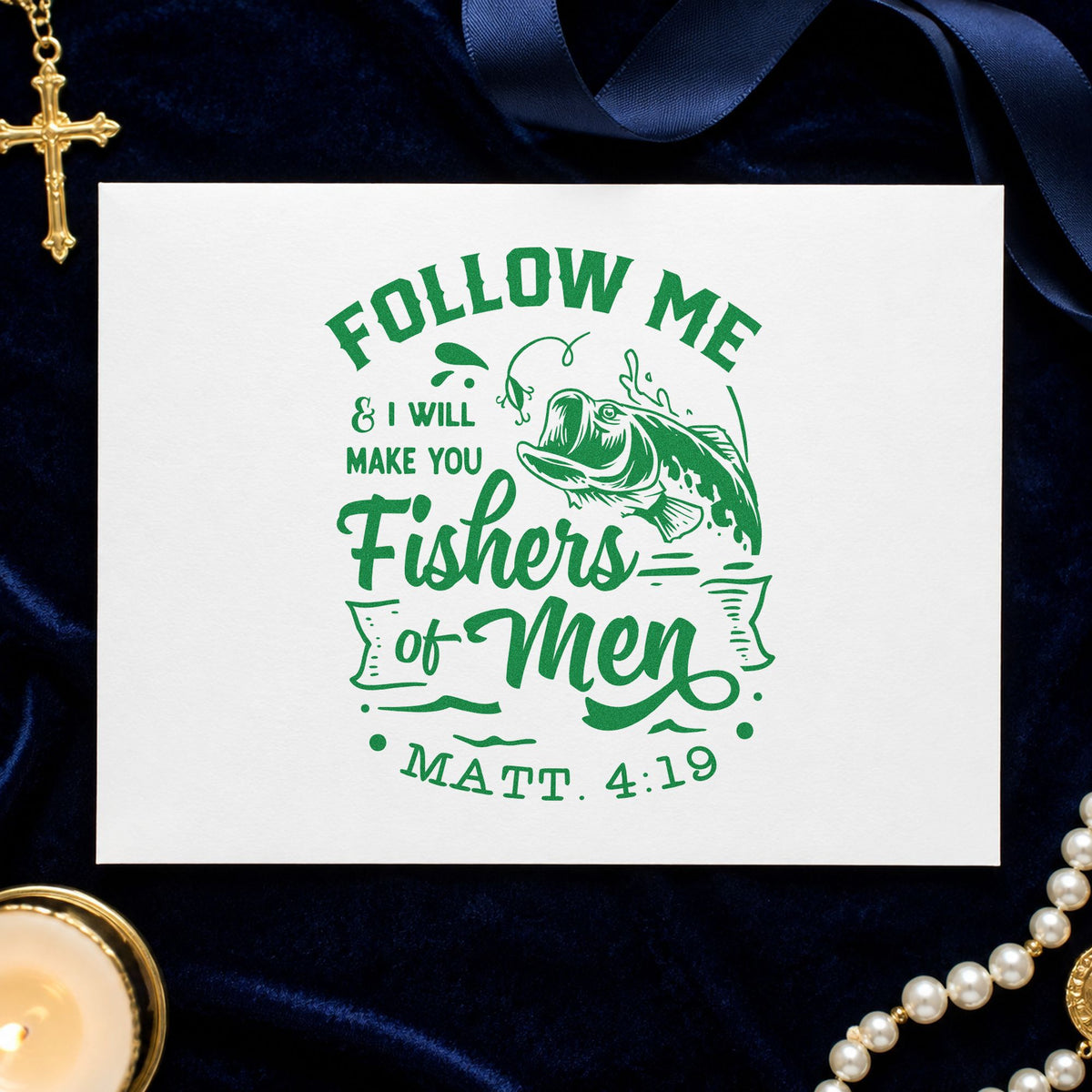 Fishers of Men craft stamp imprint in green ink on a handmade project, one idea being framed cabin art.