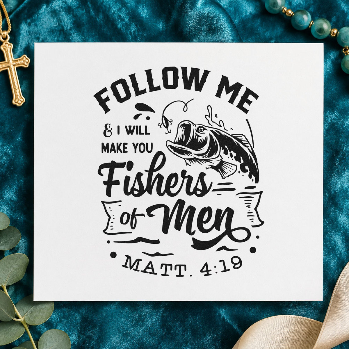 Fishers of Men rubber stamp printed in black ink, ready for fishers of men cards and similar paper crafts.