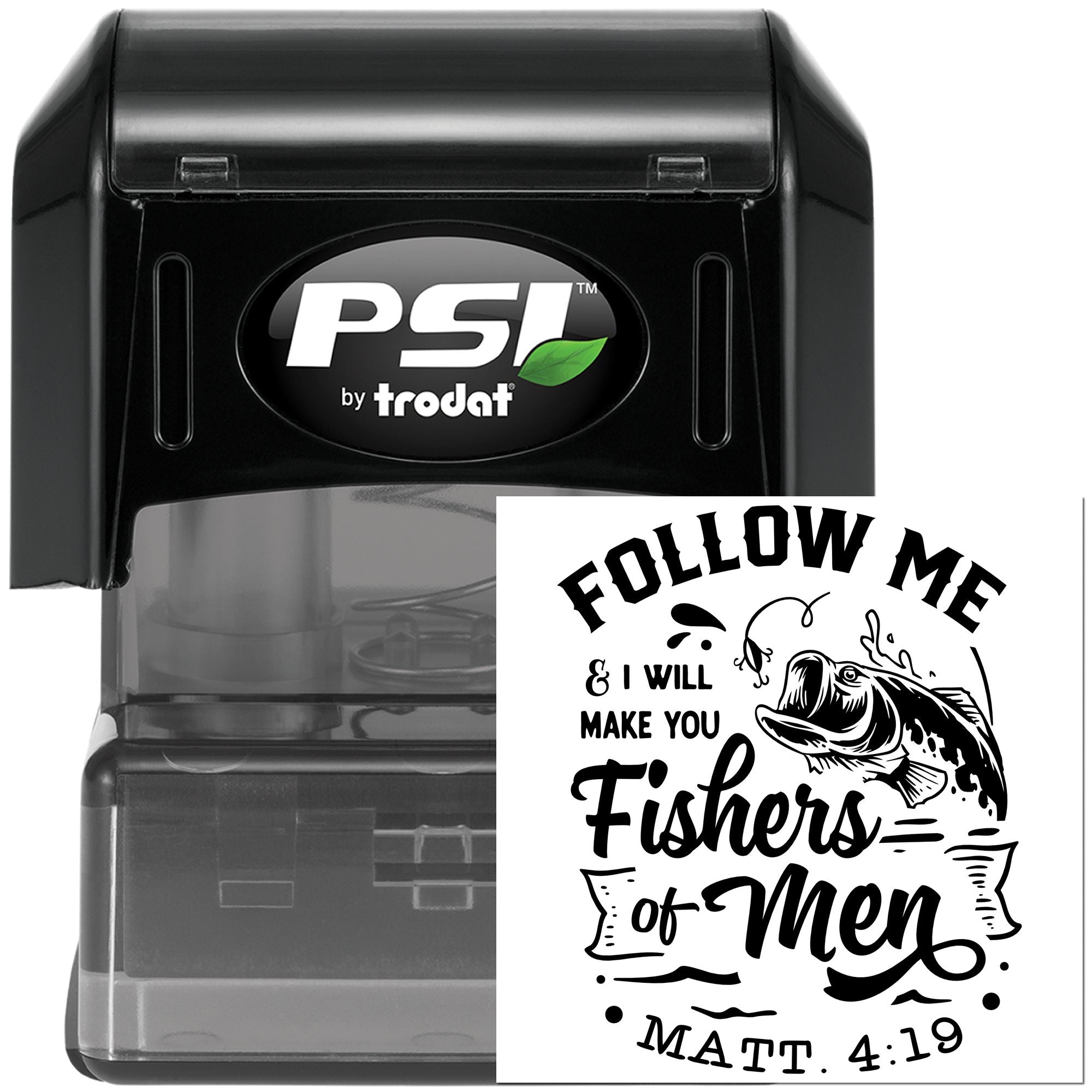 Custom self-inking rubber stamp by PSI Trodat featuring Follow Me fishers of men design for church outreach.