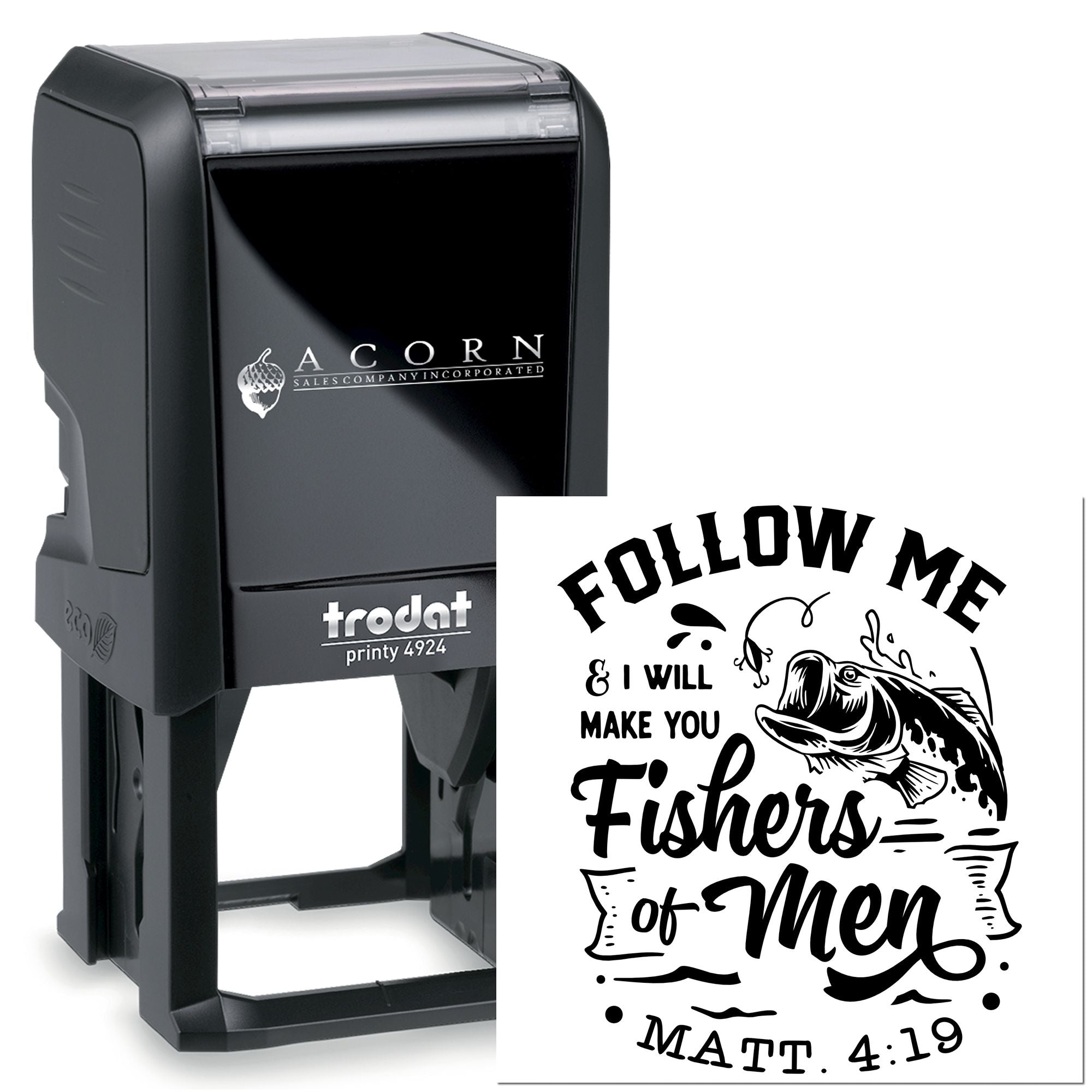 Custom self-inking rubber stamp with Christian Follow Me fishers of men design, Trodat Printy 4924, for church or ministry use.