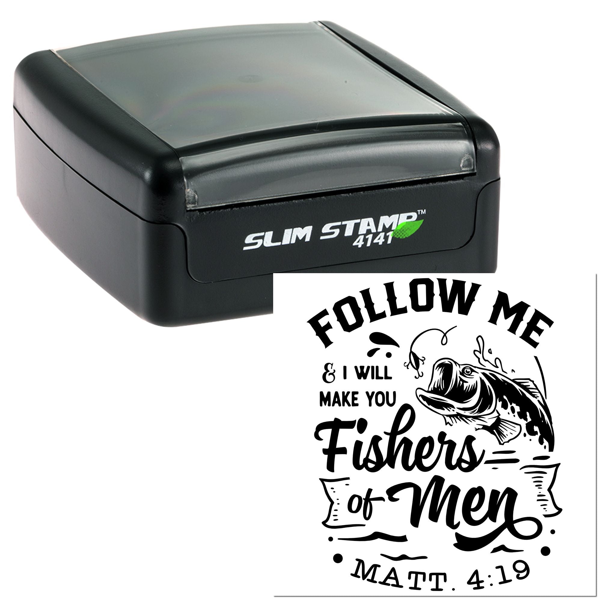 Custom self-inking rubber stamp with fishing-themed Bible verse, Follow me fishers of men Matthew 4:19.