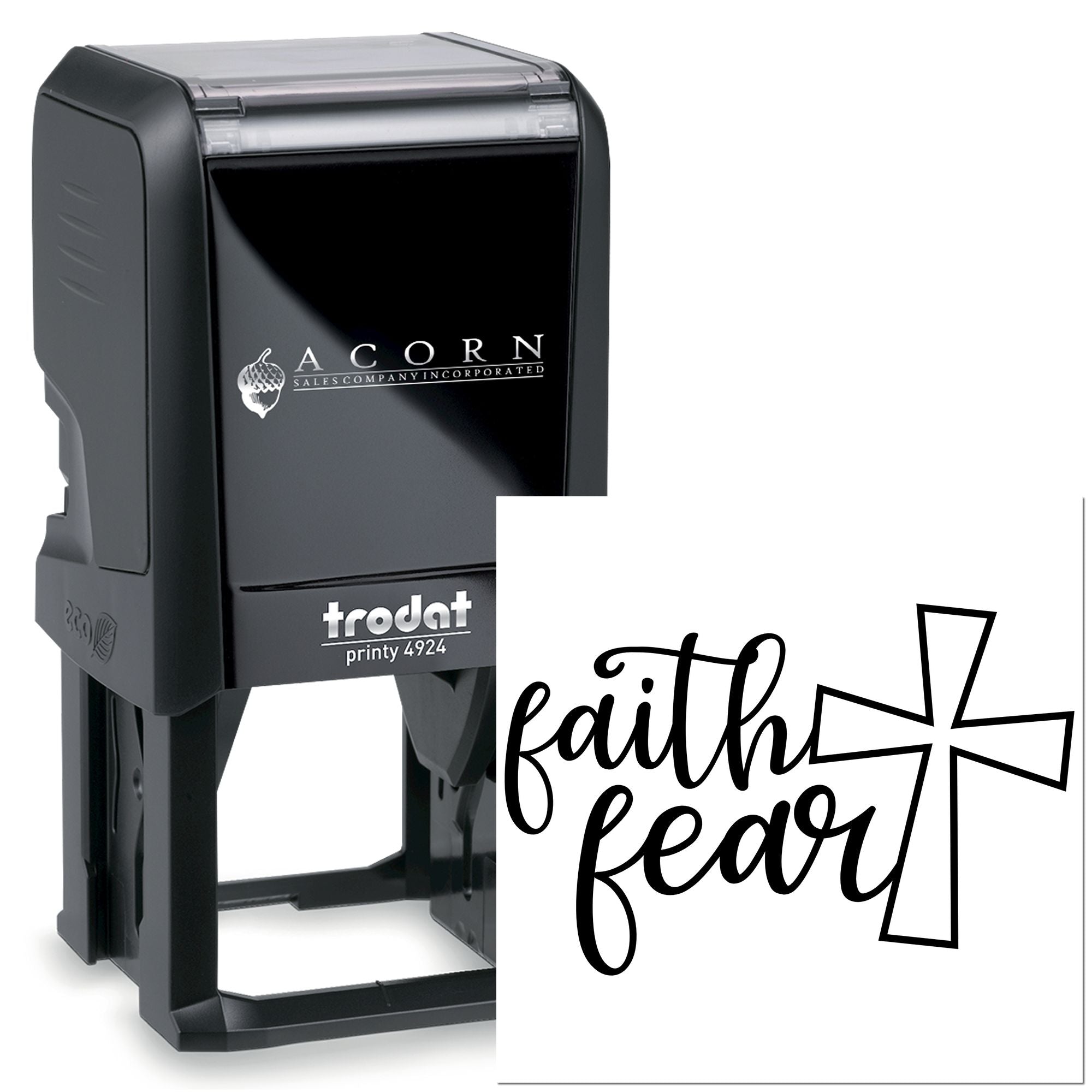 Self-inking Trodat Printy 4924 rubber stamp with faith, hope and cross design for Christian custom stamping.