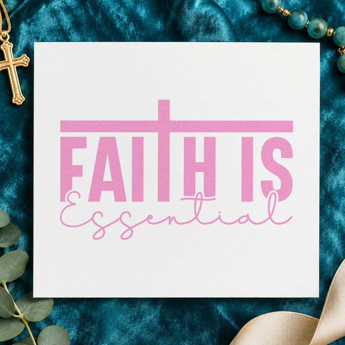 Faith Is Essential craft stamp in purple ink on cardstock, an easy option for confirmation gifts.