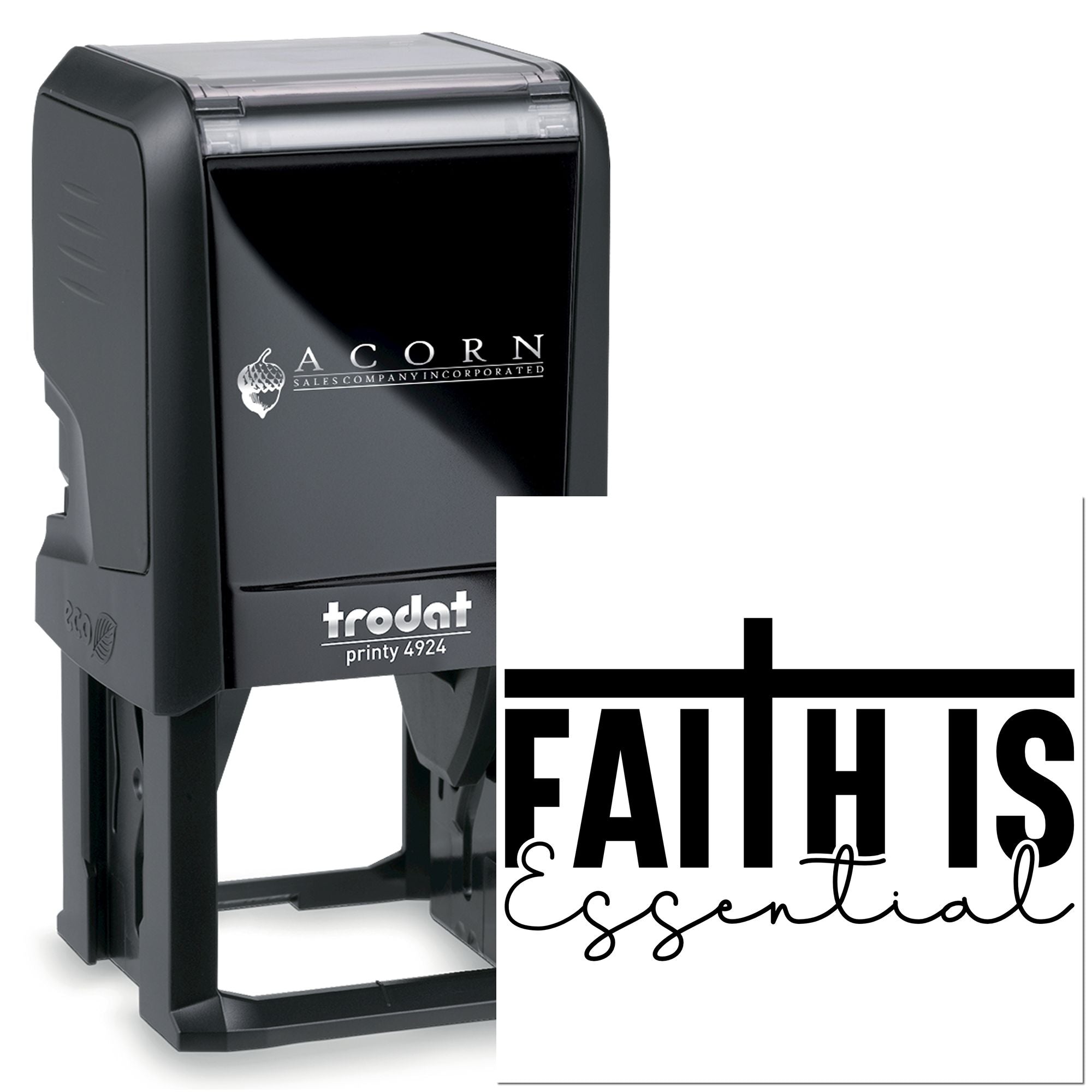 Custom Faith Is Essential self-inking rubber stamp by Trodat Printy 4924 for branded religious packaging and paper goods.