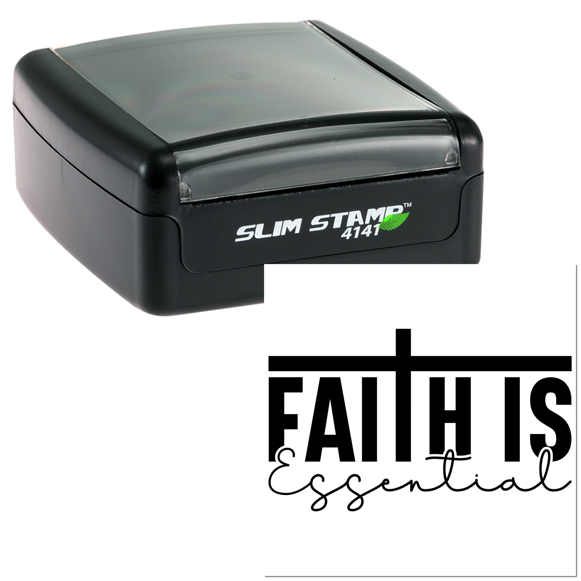 Slim Stamp 4141 self-inking rubber stamp featuring Faith Is Essential design for church and ministry crafts.