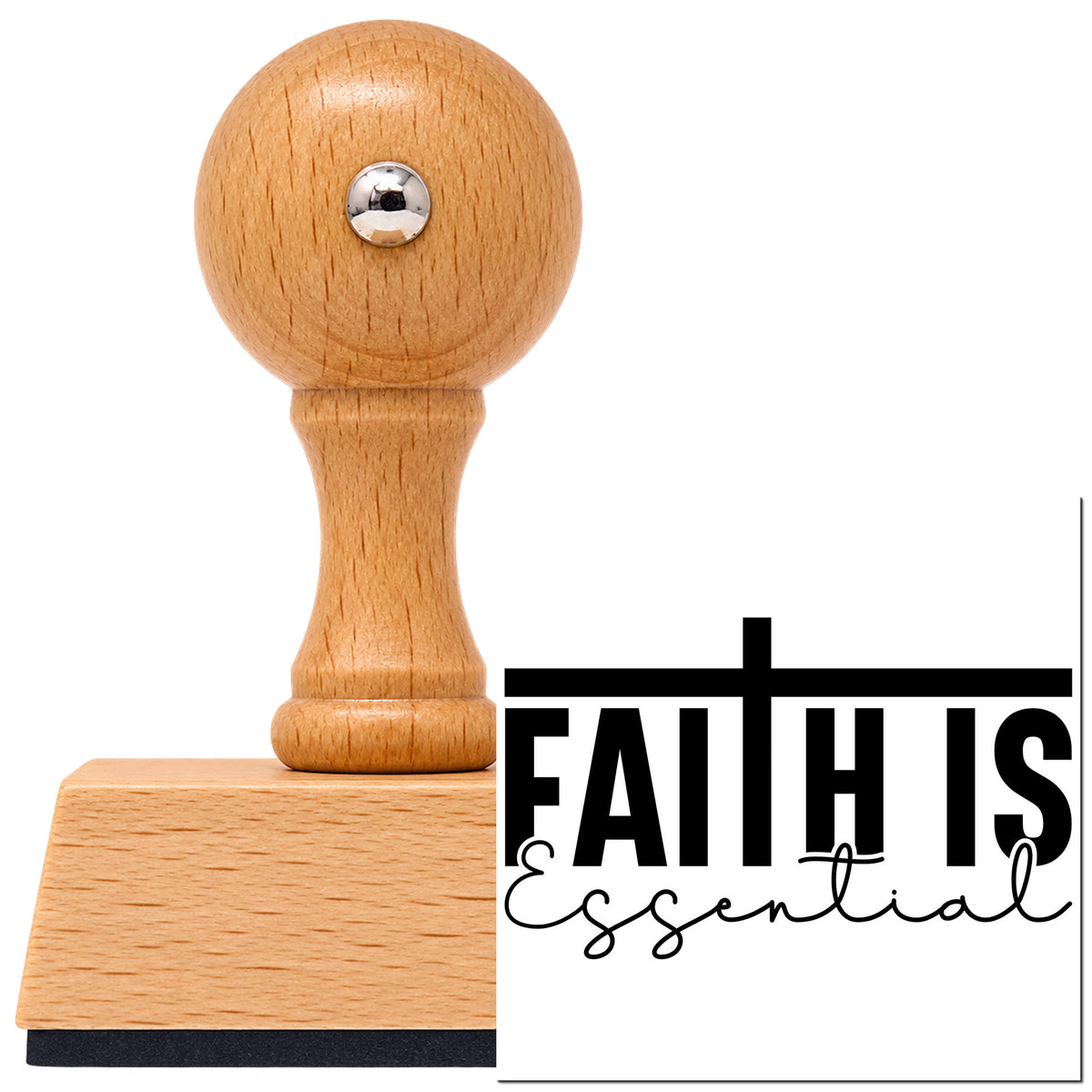 Essential Faith Crossbar Lettering Vintage Pro rubber stamp in European beech wood with a round knob handle, shown beside its black imprint.