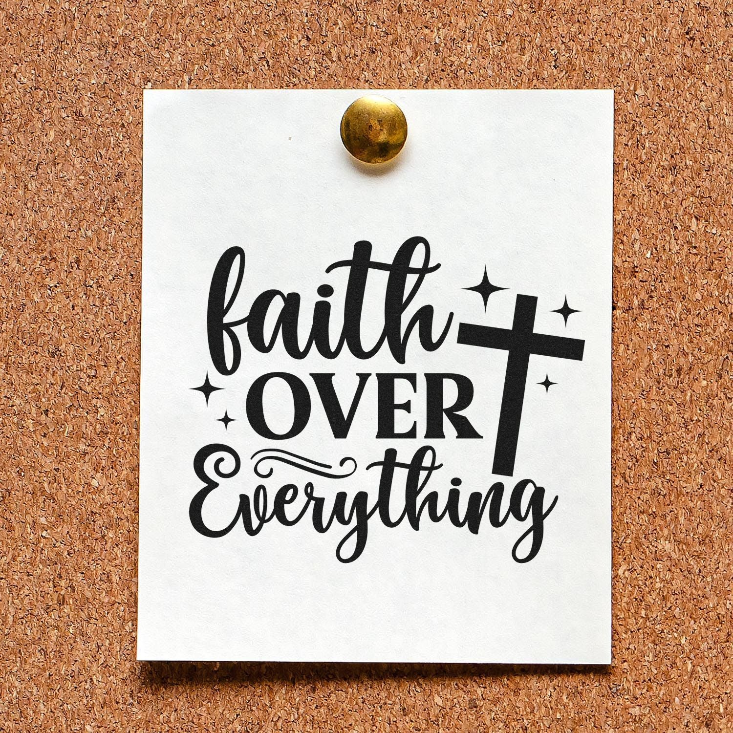 Faith Over Everything rubber stamp with cross and sparkles for inspirational Christian crafts and stationery.