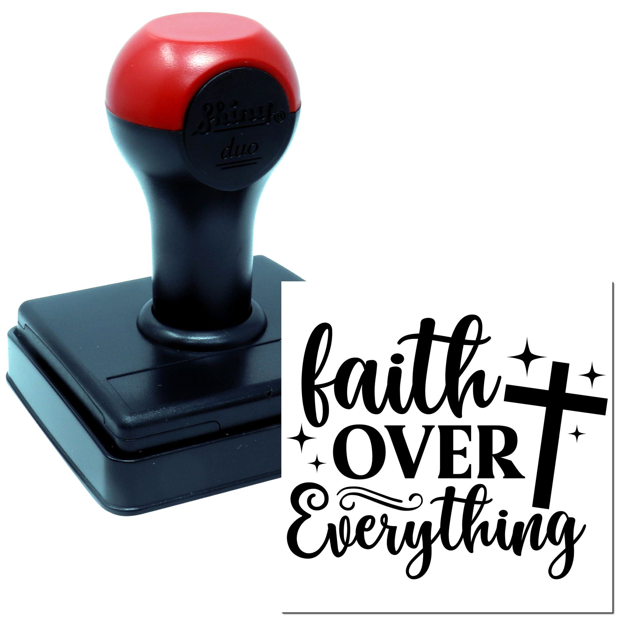 Faith over everything self-inking rubber stamp with cross design for religious crafts, cards, and Bible journaling.
