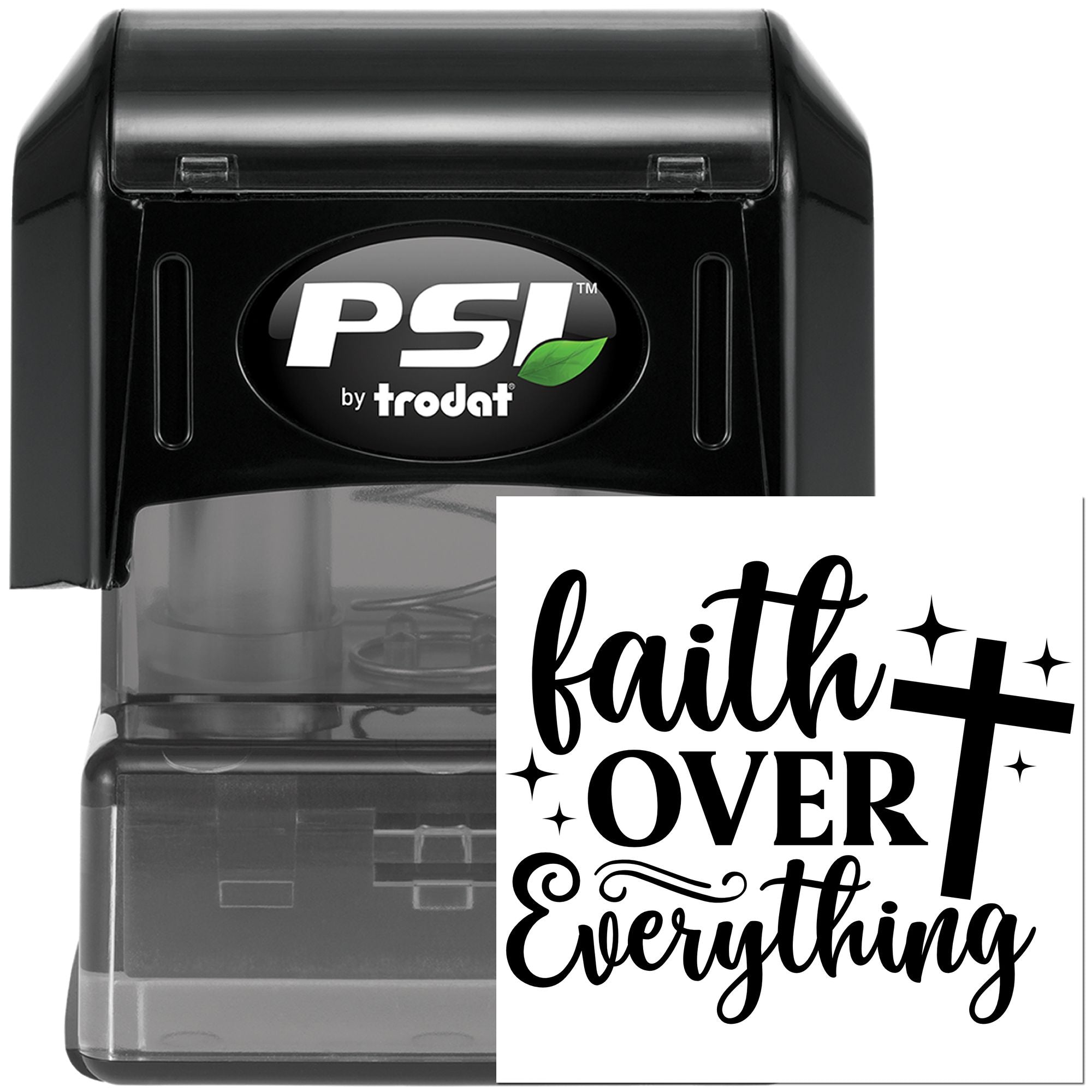 Faith Over Everything self-inking rubber stamp by Trodat PSI, featuring a bold Christian quote design for custom stamping.