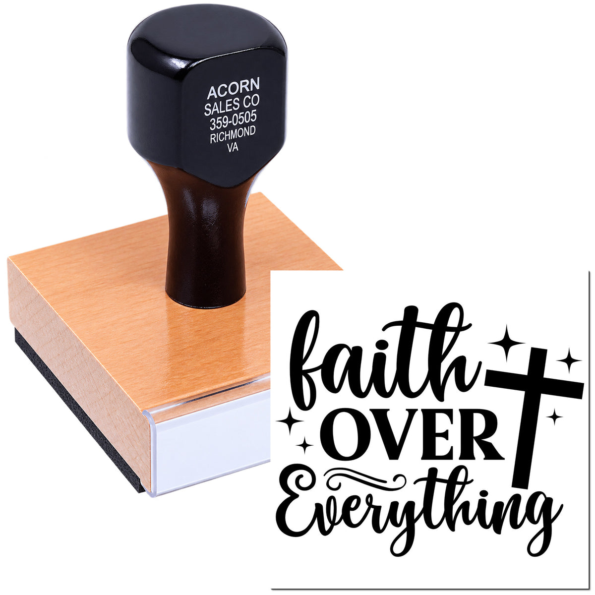 Faith Over Everything rubber stamp with cross design, ideal for Christian crafts, packaging, and faith-based stationery.