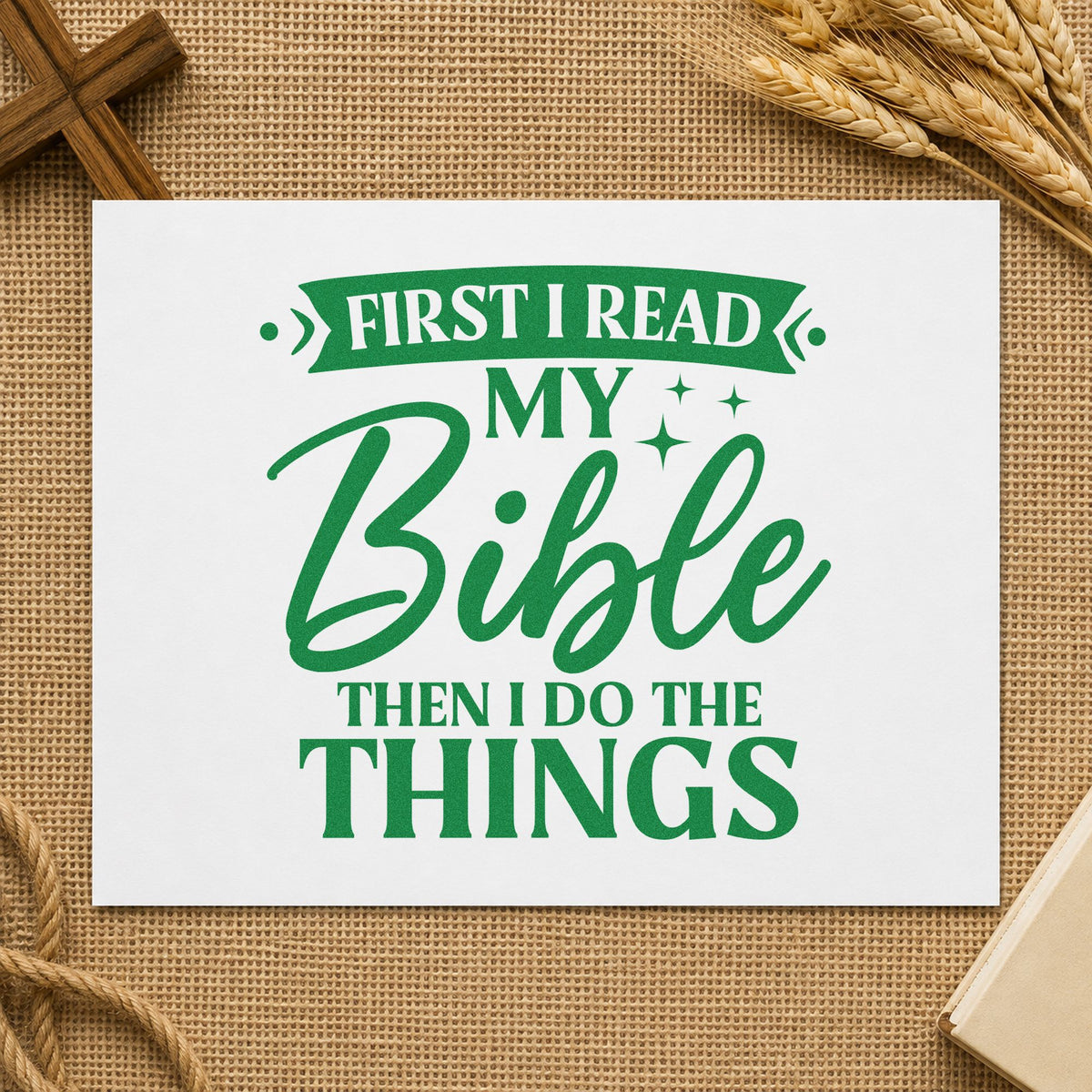 First I Read My Bible craft stamp imprint in green ink on a handmade project, one idea being devotional gift sets.