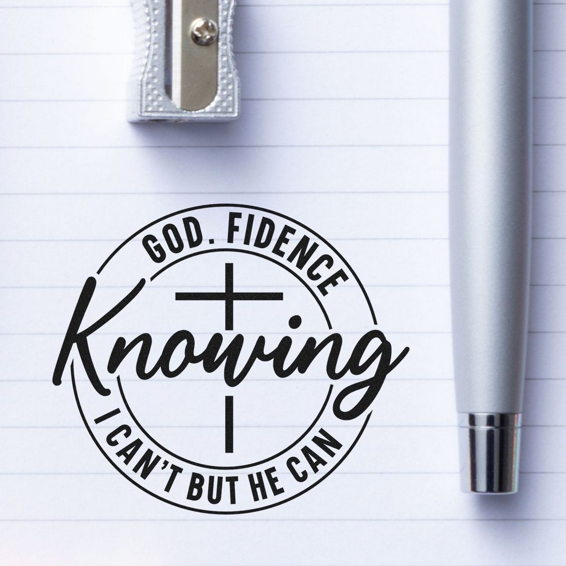Godfidence Knowing He Can Premium Wooden Stamp - Vintage Pro imprint stamped in black ink. A cross sits inside a circular "God.fidence" design reading "Knowing I can't but he can."