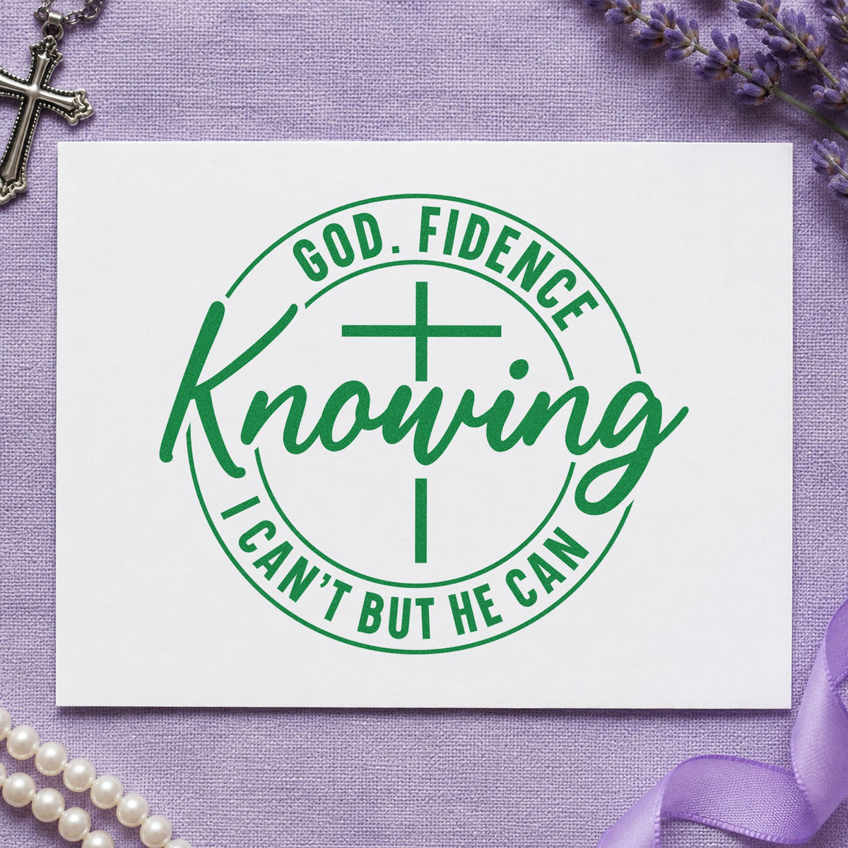 Godfidence Knowing He Can craft stamp imprint in green ink on a handmade project, one idea being goal planner pages.