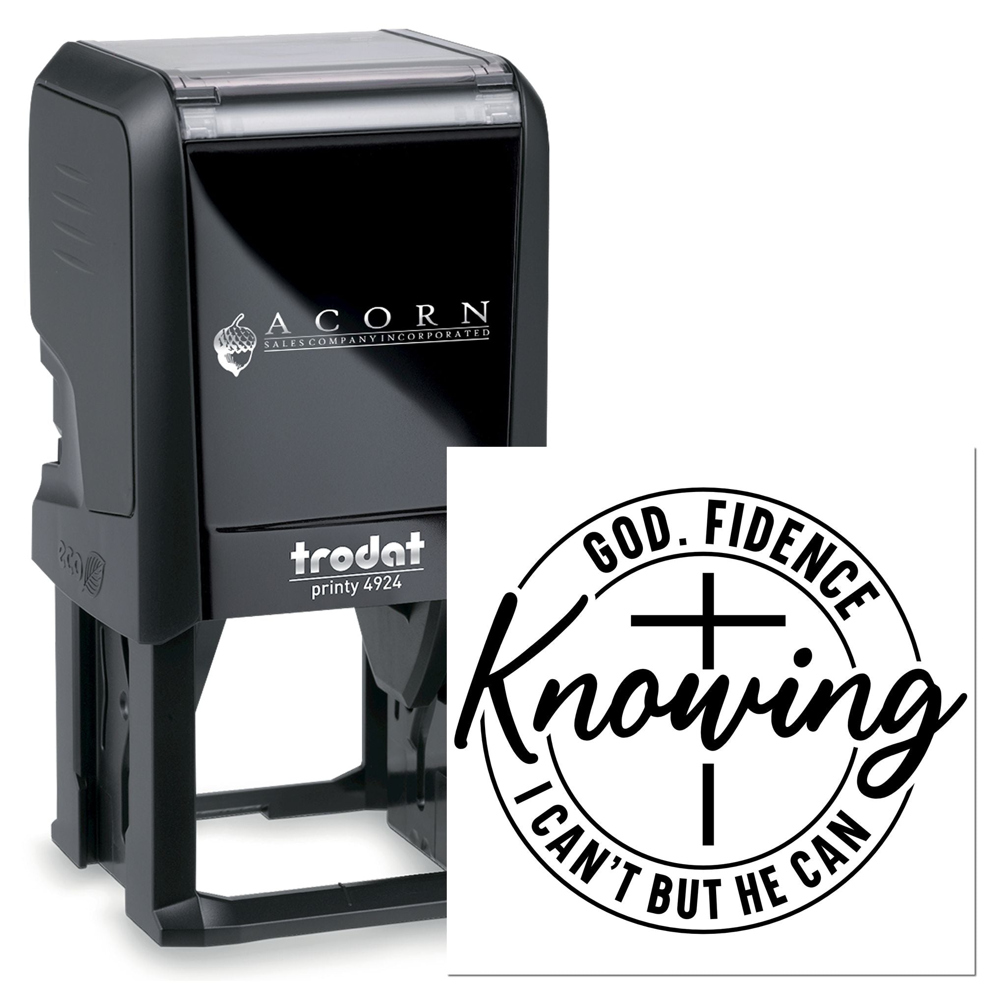 Custom self-inking rubber stamp with Christian God-fidence cross design for faith-based branding and packaging.
