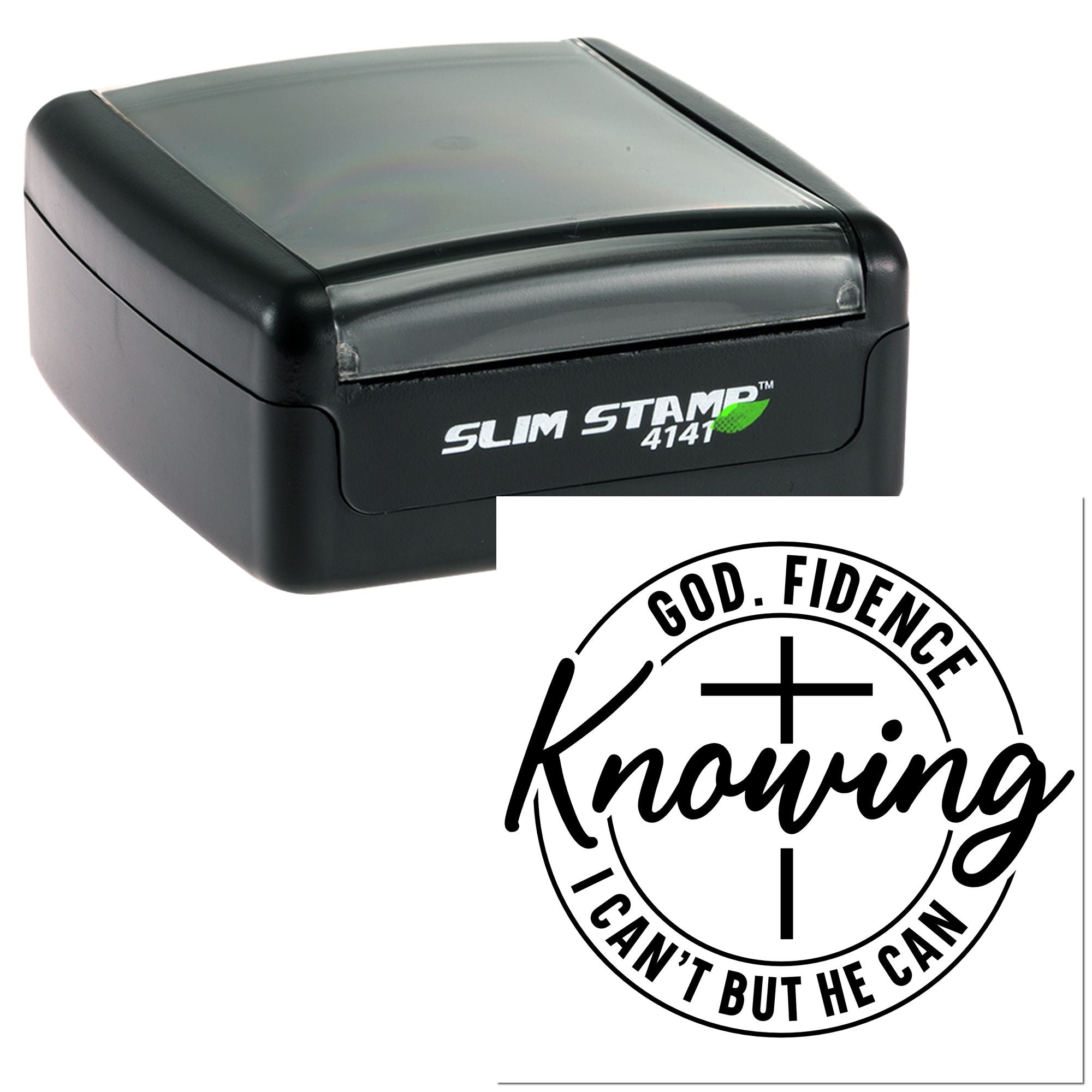Custom self-inking rubber stamp with Christian God-fidence inspirational quote and cross emblem.