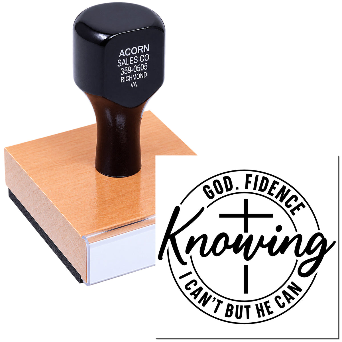Custom Christian rubber stamp with Godfidence and I cant but He can faith design, shown with paper imprint.