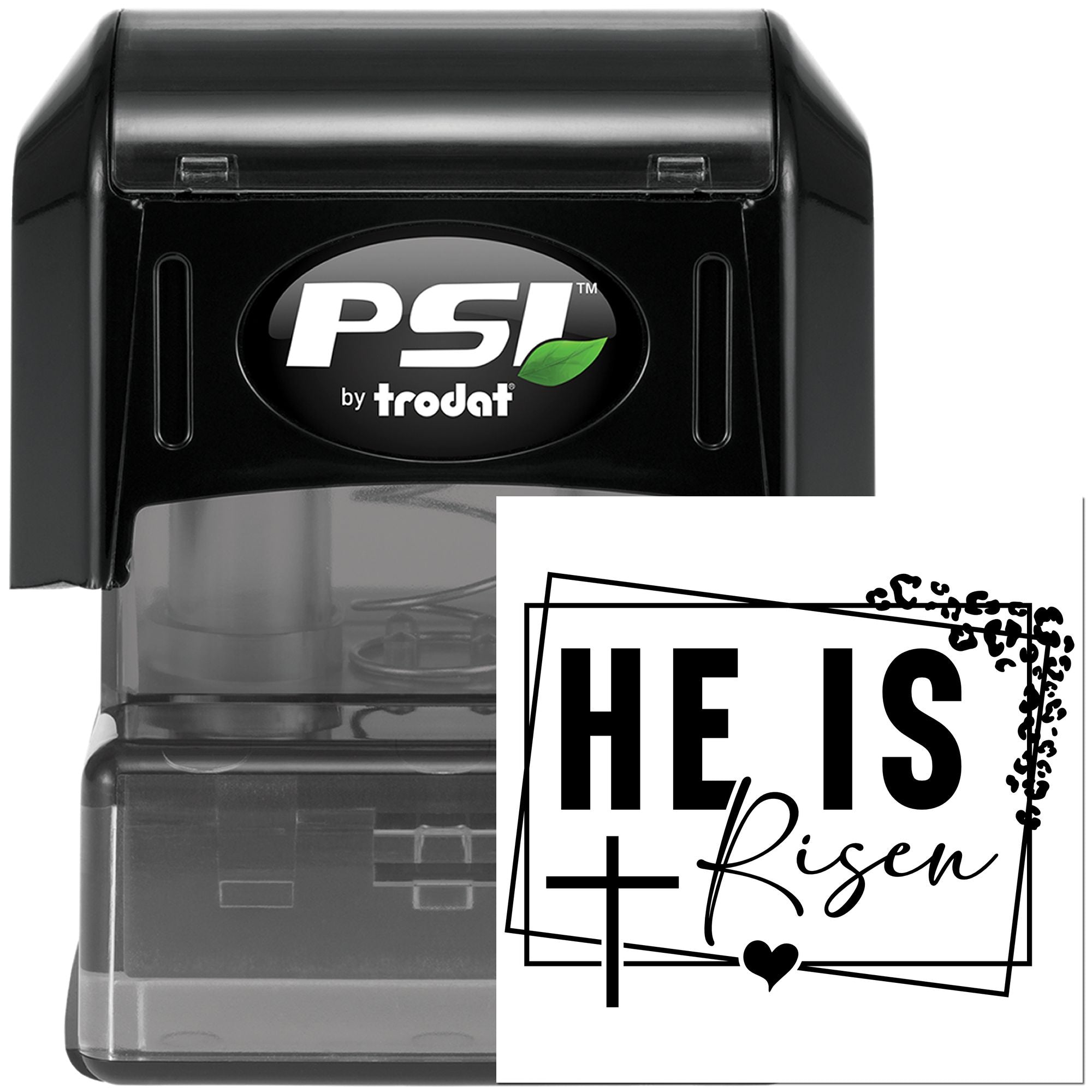 PSI by Trodat self-inking rubber stamp with He Is Risen Christian Easter design for custom religious stamping.