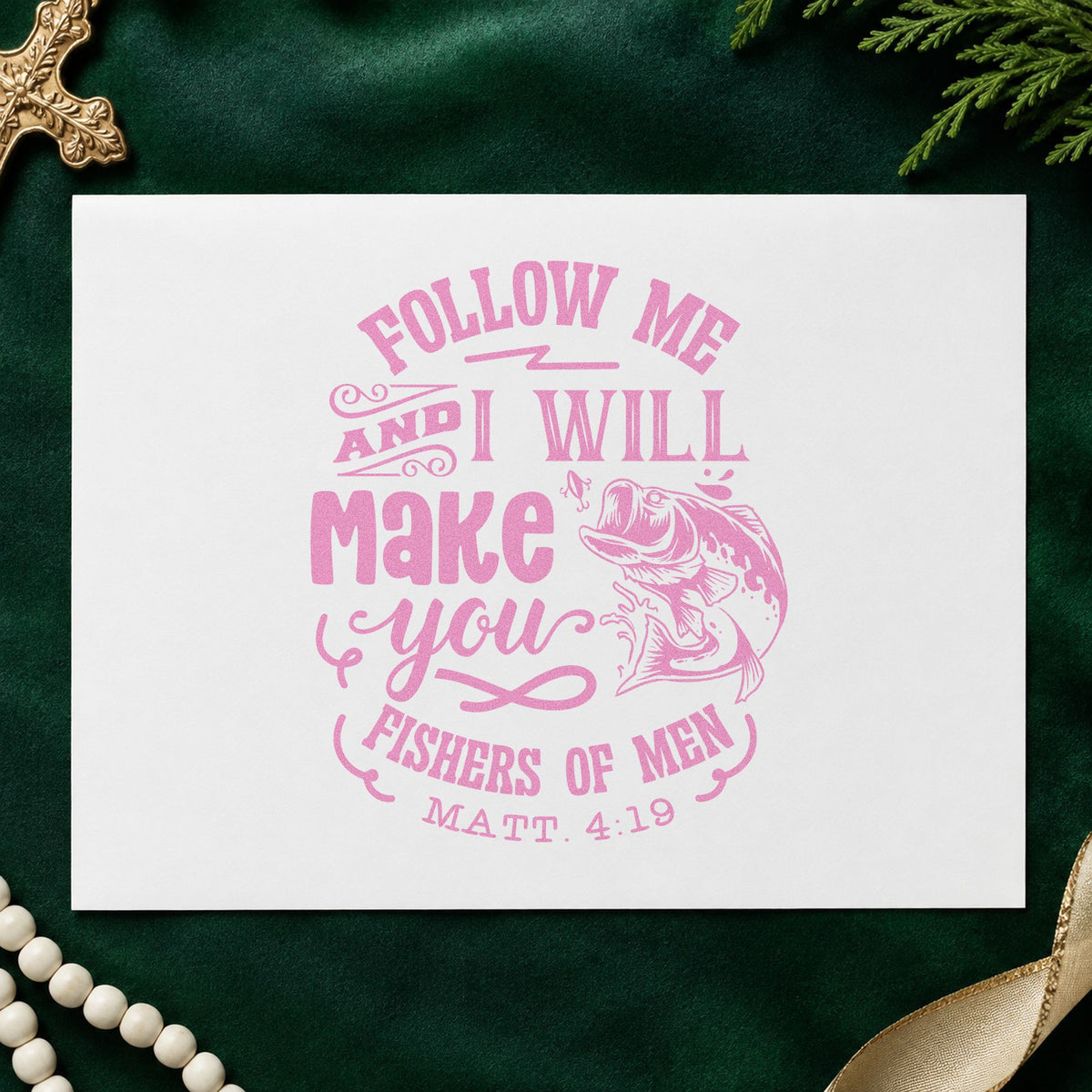 Follow Me Fishers of Men craft stamp in purple ink on cardstock, an easy option for baptism gifts.