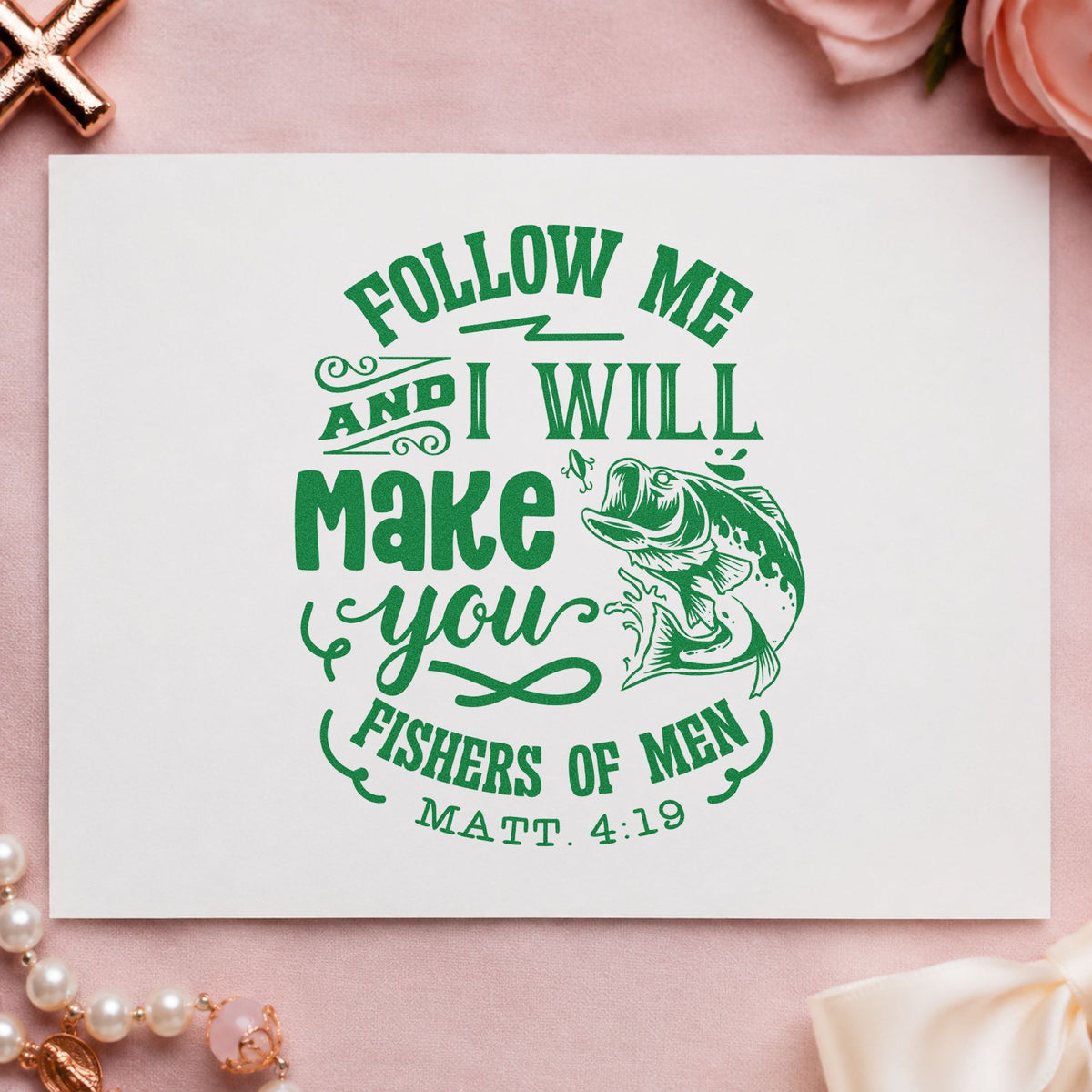 Follow Me Fishers of Men craft stamp imprint in green ink on a handmade project, one idea being fishing derby signs.