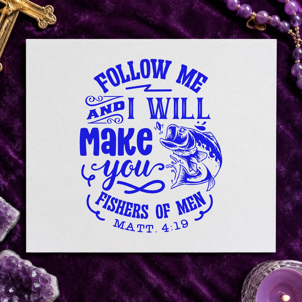 Follow Me Fishers of Men craft stamp imprinted in blue ink on paper, a design suited to grandpa gift tags.