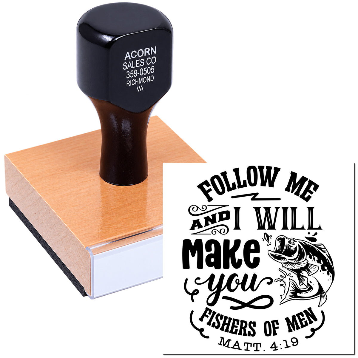 Custom Christian rubber stamp with Matthew 4:19 Follow Me and I Will Make You Fishers of Men fish design.