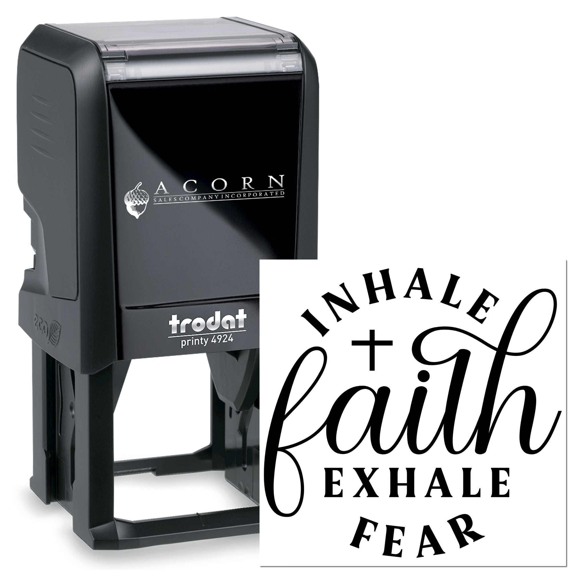 Trodat self-inking rubber stamp with Inhale faith, exhale fear inspirational faith quote imprint.