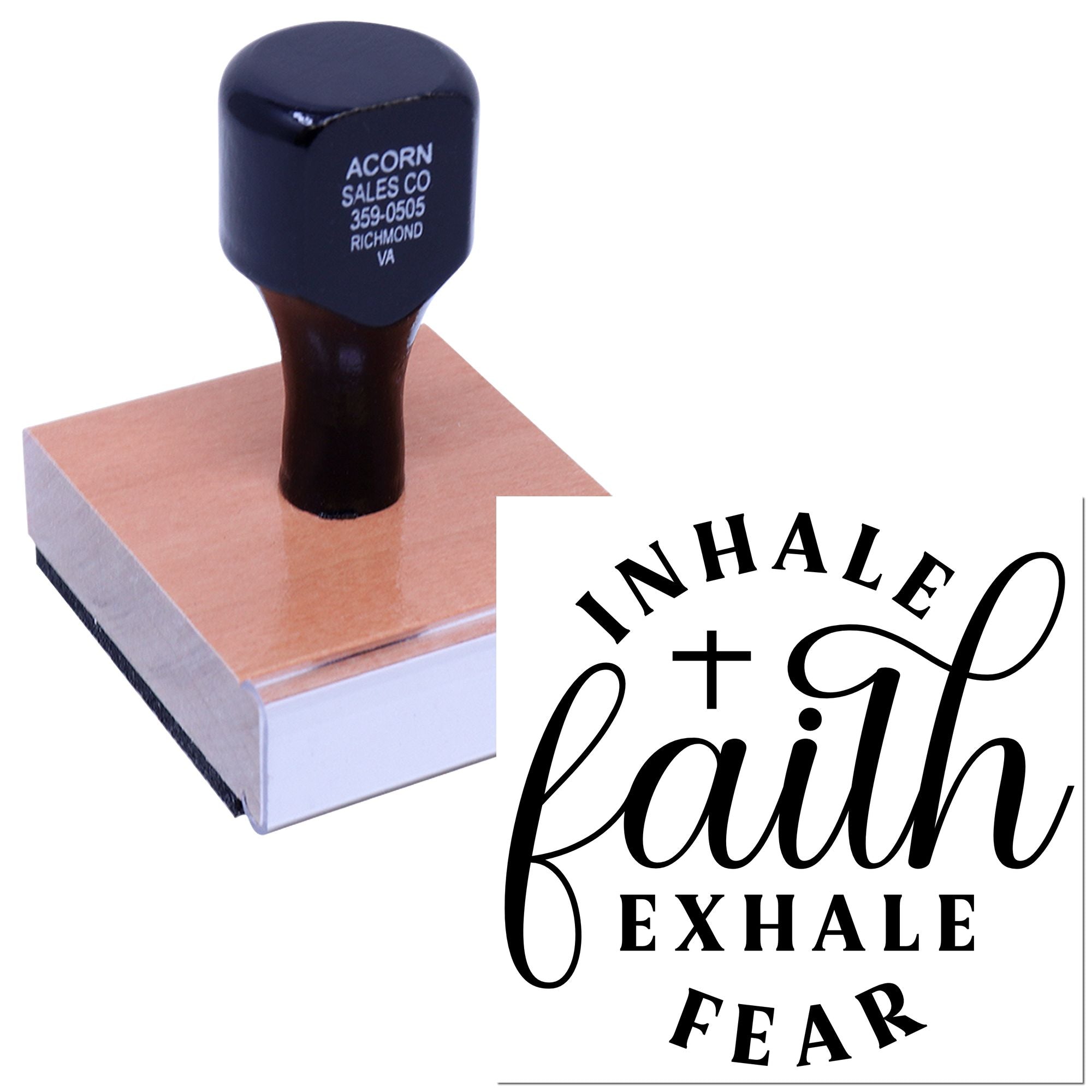 Custom inspirational rubber stamp with Inhale faith, exhale fear quote for faith-based cards, crafts and packaging.