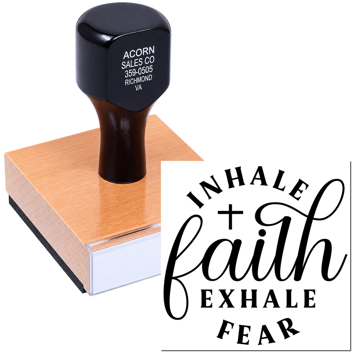 Custom inspirational rubber stamp with Inhale faith, exhale fear quote for faith-based cards, crafts and packaging.