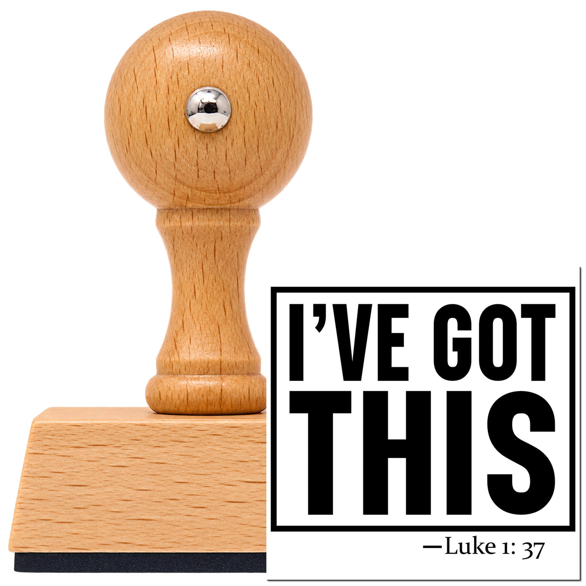 I've Got This Frame Accent Vintage Pro rubber stamp in European beech wood with a round knob handle, shown beside its black imprint.