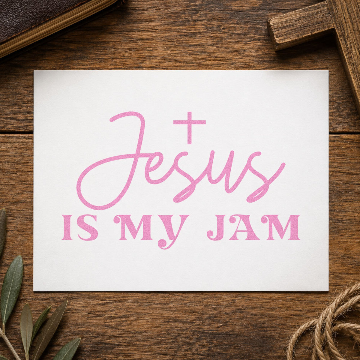 Jesus Is My Jam craft stamp in purple ink on cardstock, an easy option for jam jar labels.