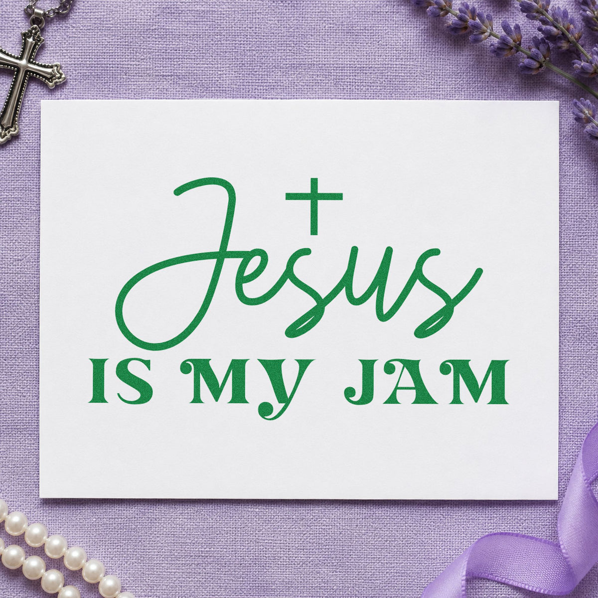 Jesus Is My Jam craft stamp imprint in green ink on a handmade project, one idea being worship team gifts.