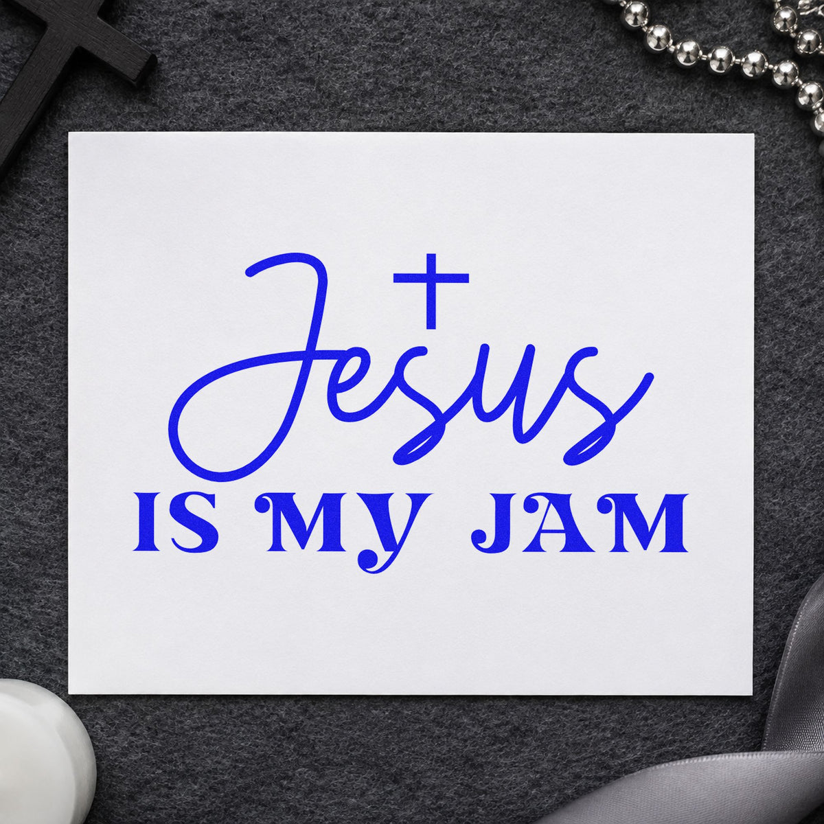 Jesus Is My Jam craft stamp imprinted in blue ink on paper, a design suited to farmers market labels.