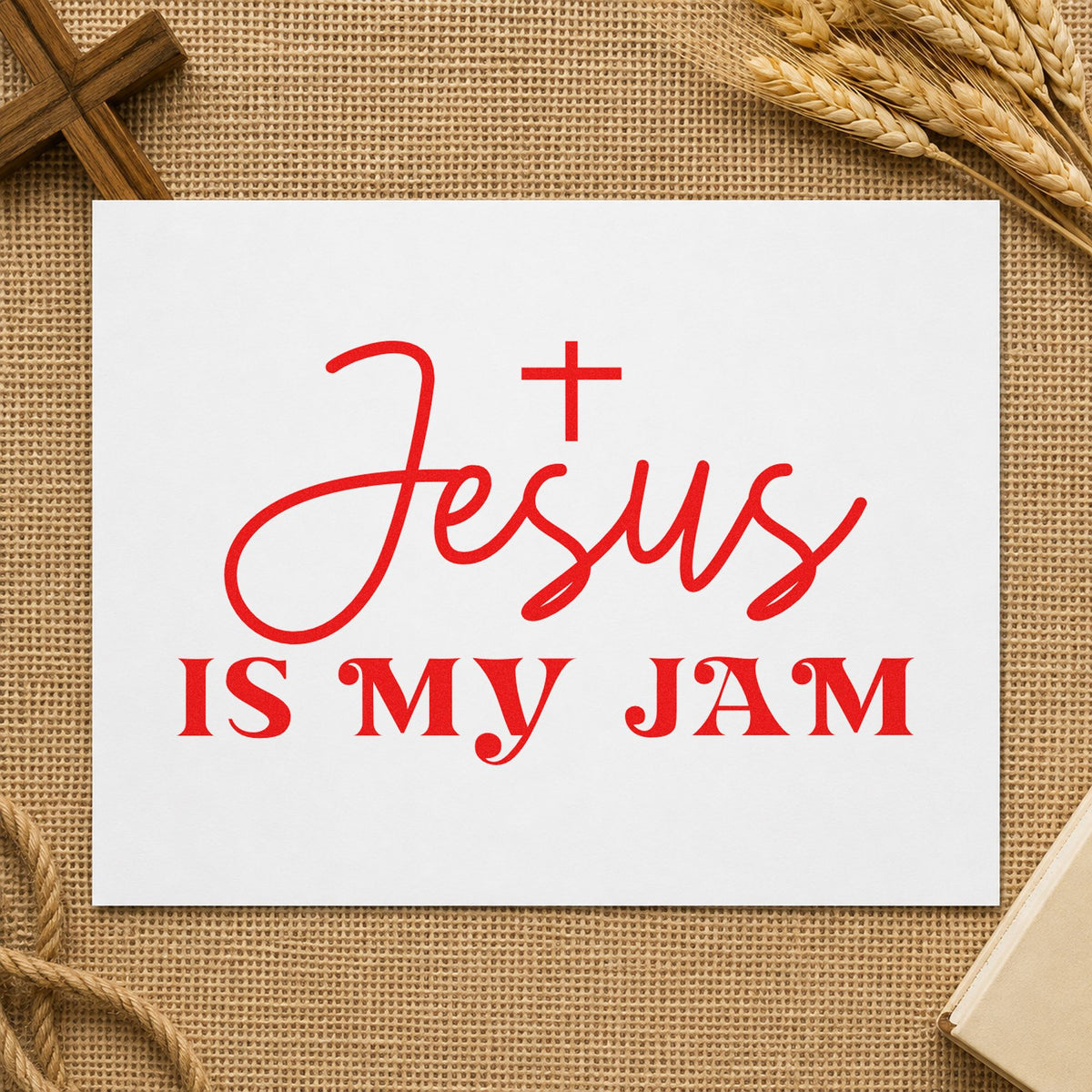 Jesus Is My Jam rubber stamp shown in red ink, stamped for projects such as choir folder covers.