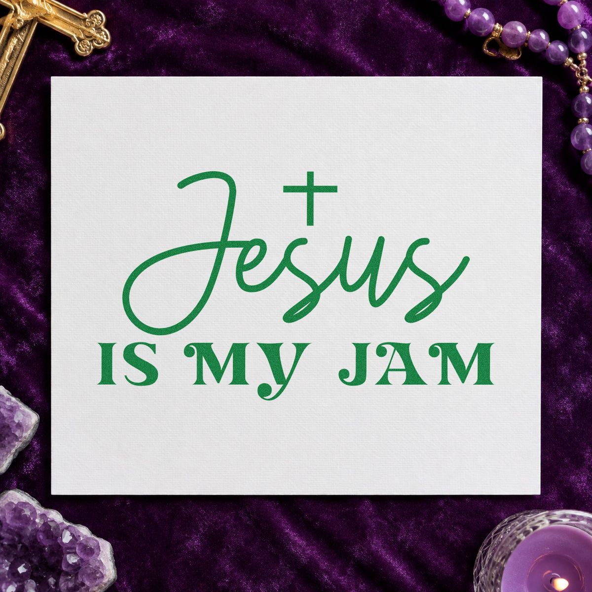 Jesus Is My Jam craft stamp imprint in green ink on a handmade project, one idea being kids' church crafts.