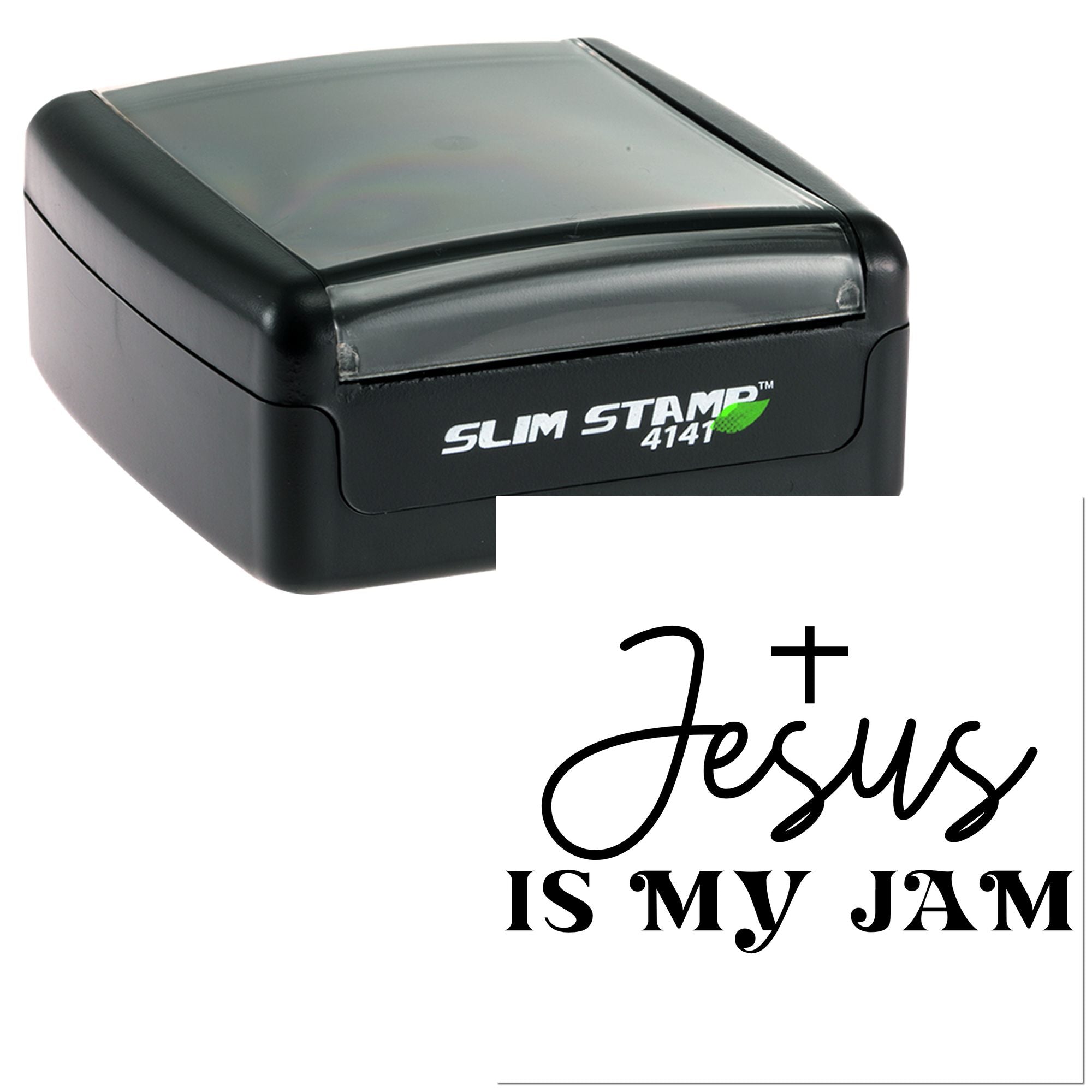 Self-inking rubber stamp, Slim Stamp 4141, with Jesus is My Jam custom imprint design.