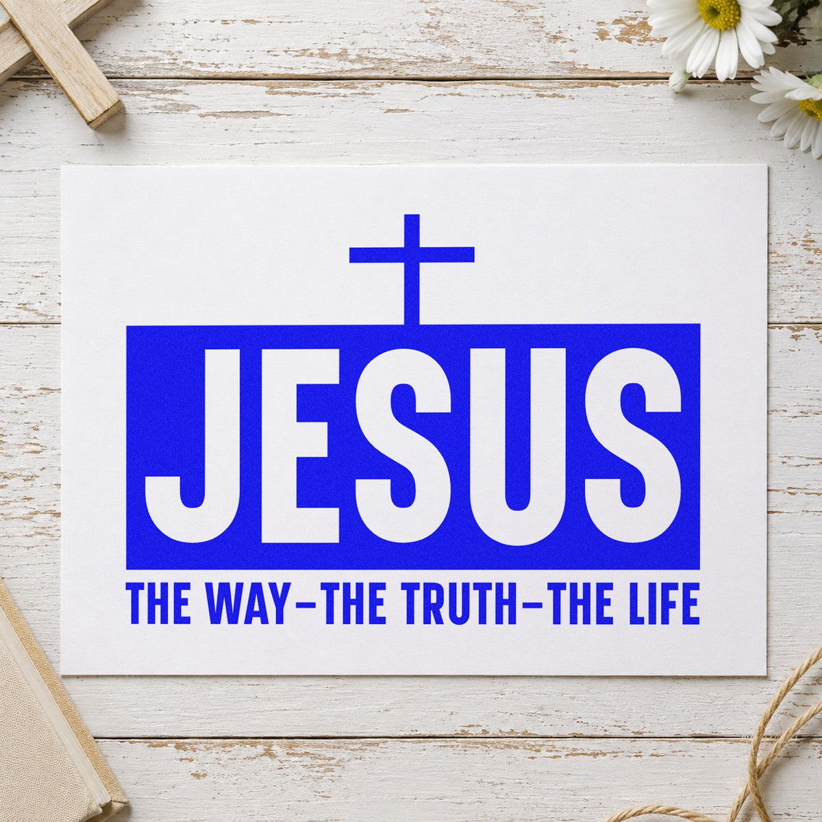 Jesus the Way Truth Life craft stamp imprinted in blue ink on paper, a design suited to bible cover crafts.