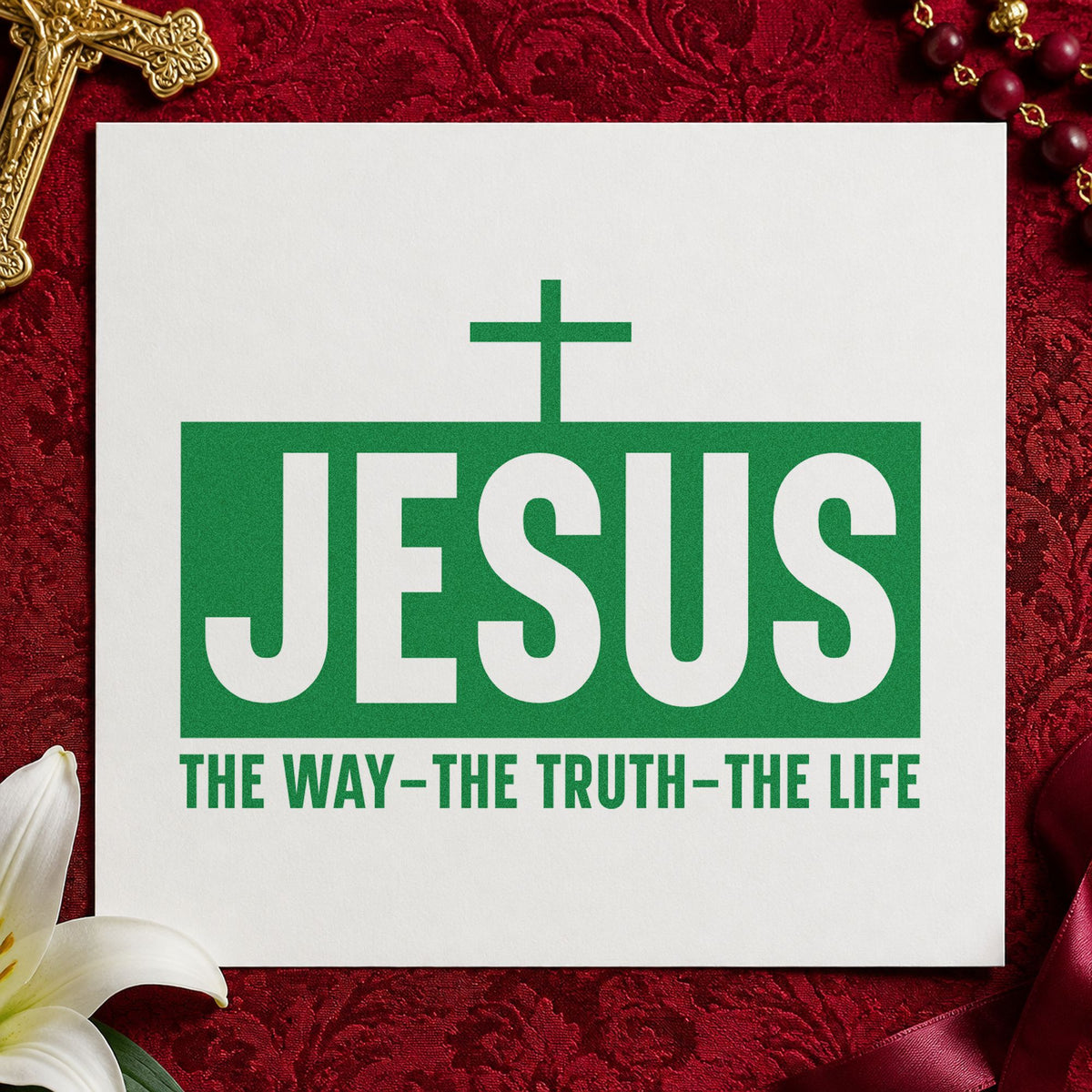 Jesus the Way Truth Life craft stamp imprint in green ink on a handmade project, one idea being framed hallway art.
