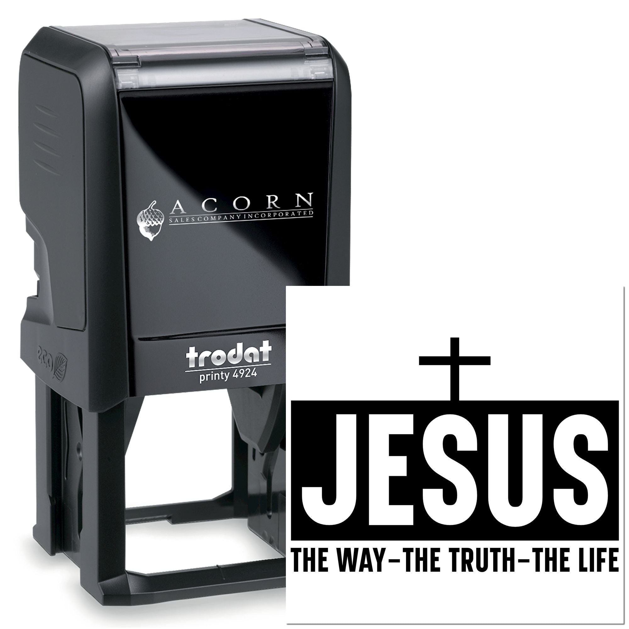 Custom self-inking rubber stamp with Jesus cross design, Trodat Printy 4924, ideal for Christian church branding.