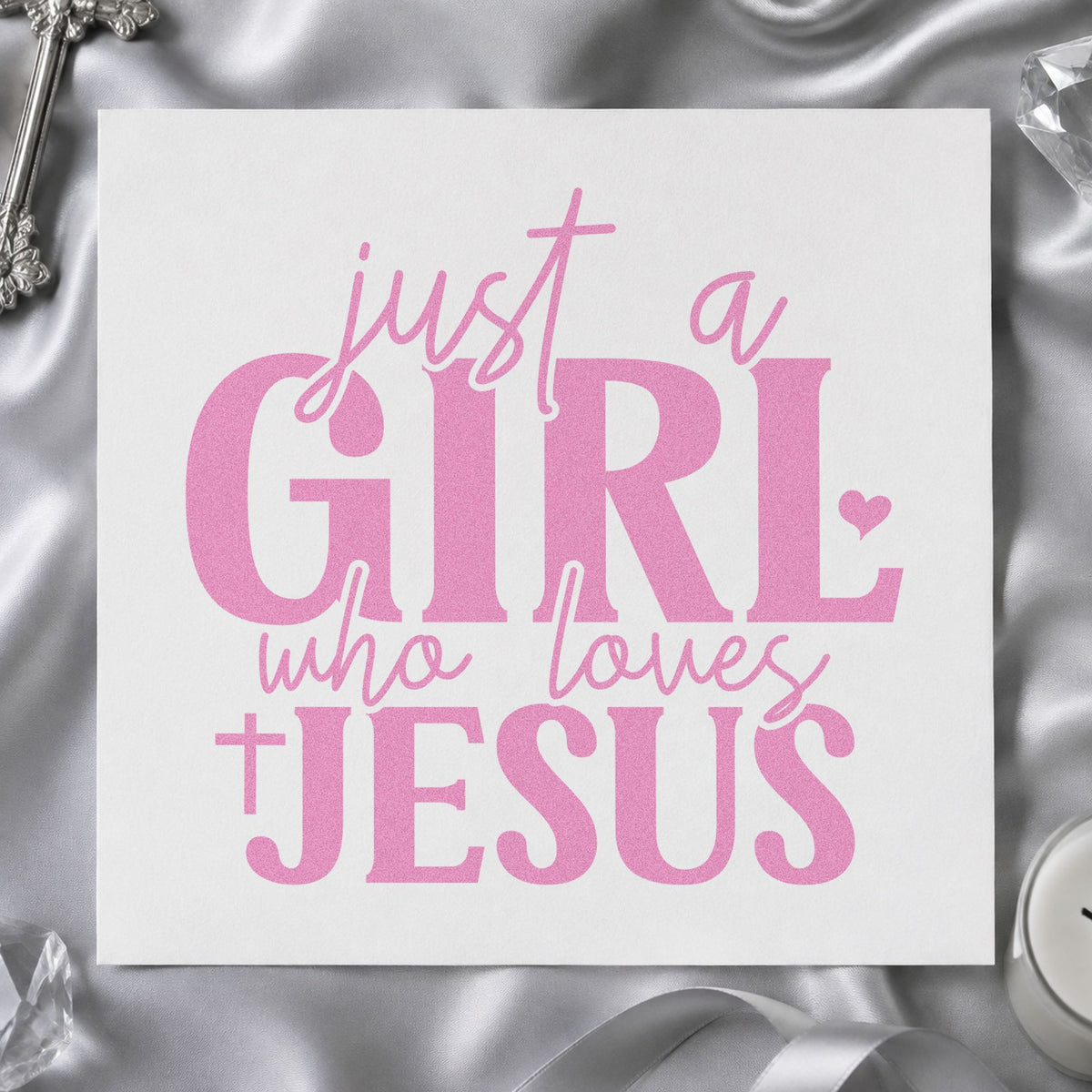 Just a Girl Who Loves Jesus craft stamp in purple ink on cardstock, an easy option for tween birthday tags.