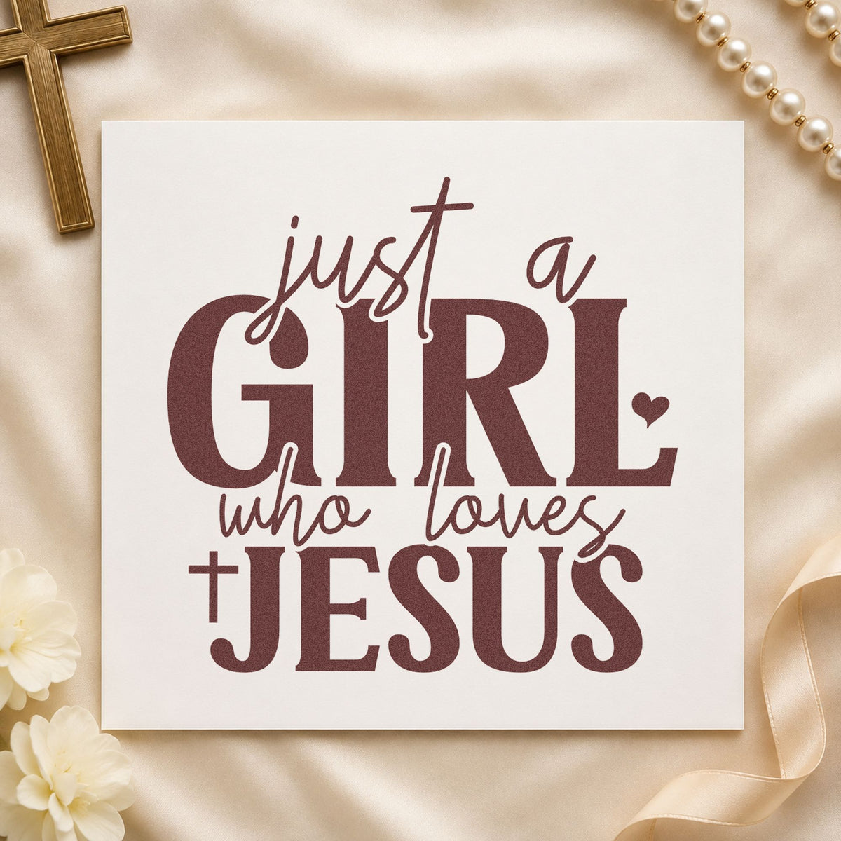 Just a Girl Who Loves Jesus rubber stamp printed in brown ink, ready for daughter scrapbooks and similar paper crafts.
