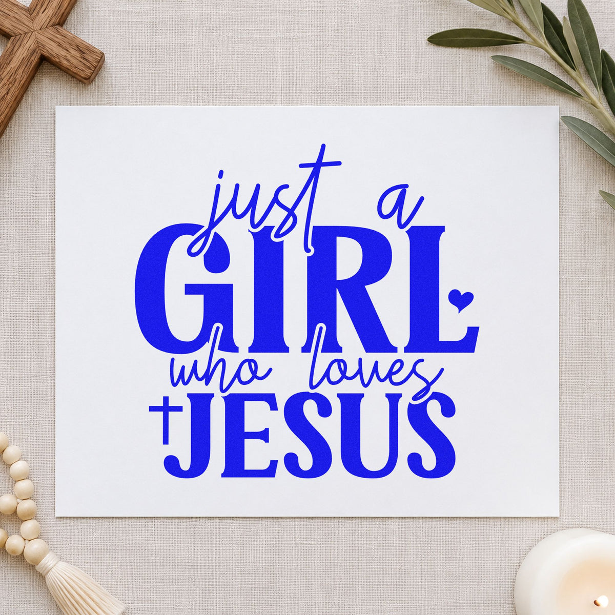 Just a Girl Who Loves Jesus craft stamp in blue ink on cardstock, an easy option for canvas totes.