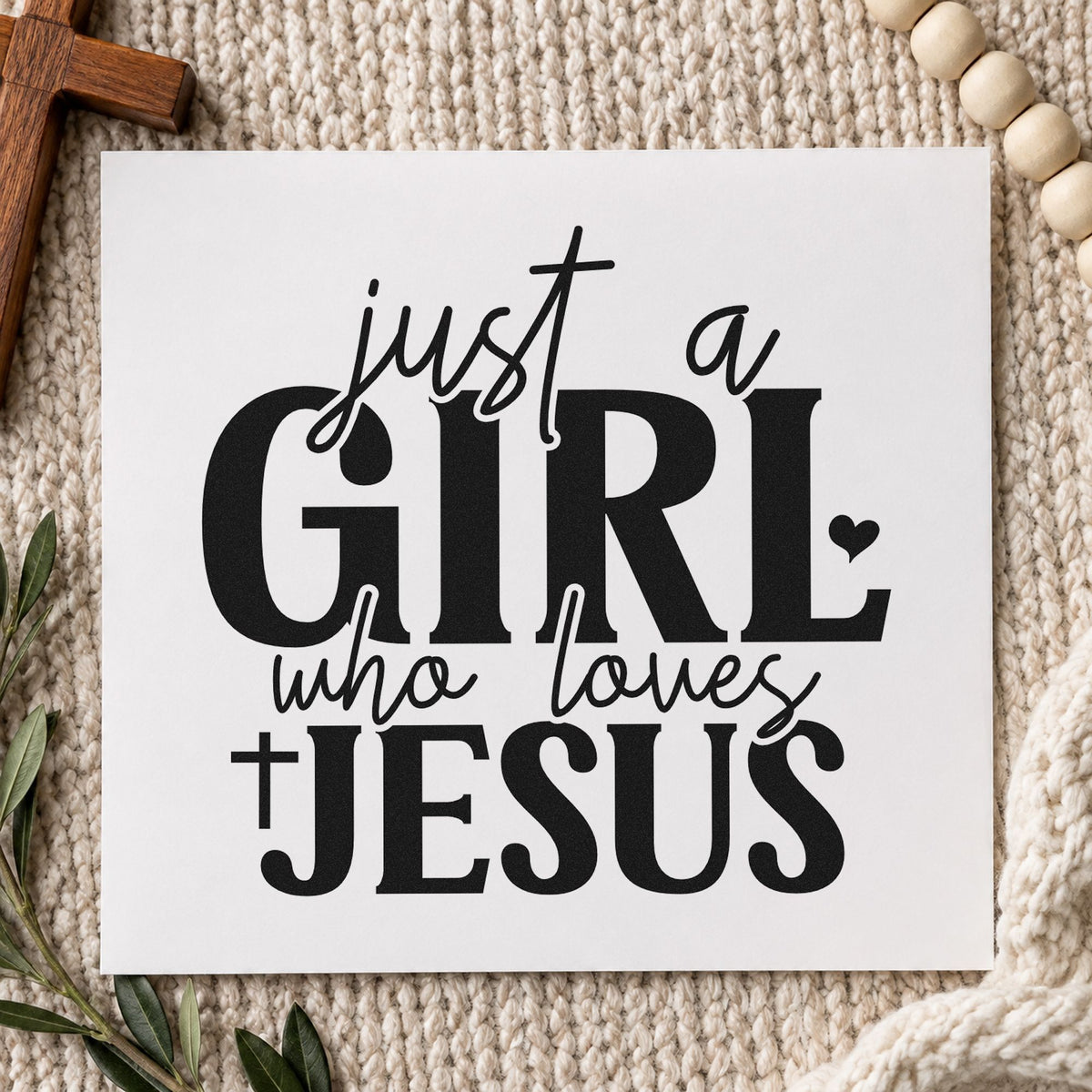 Just a Girl Who Loves Jesus rubber stamp printed in black ink, ready for girl faith cards and similar paper crafts.